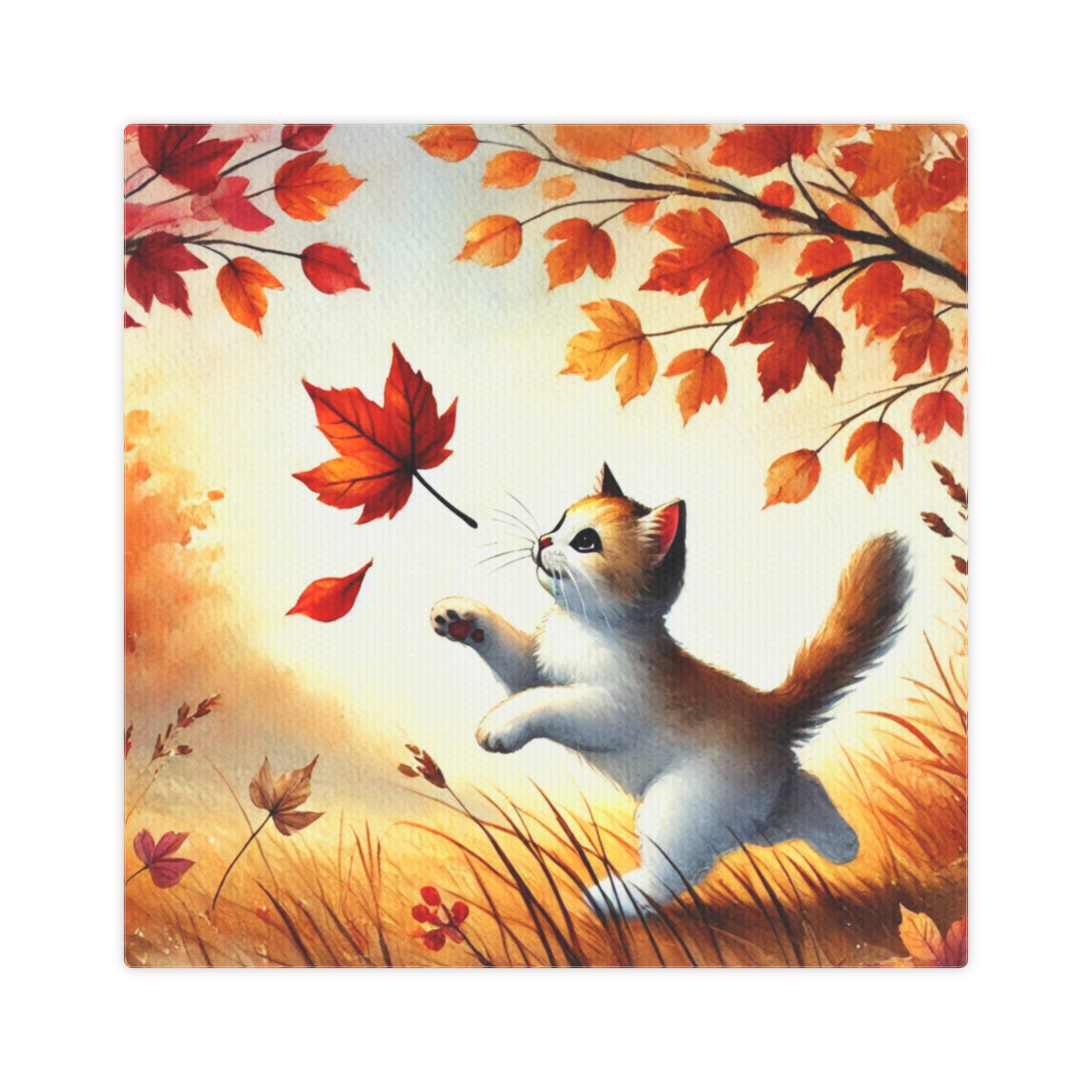 Kitten Leaf Chaser - Fall decor - Wall Art Decor 8x8   