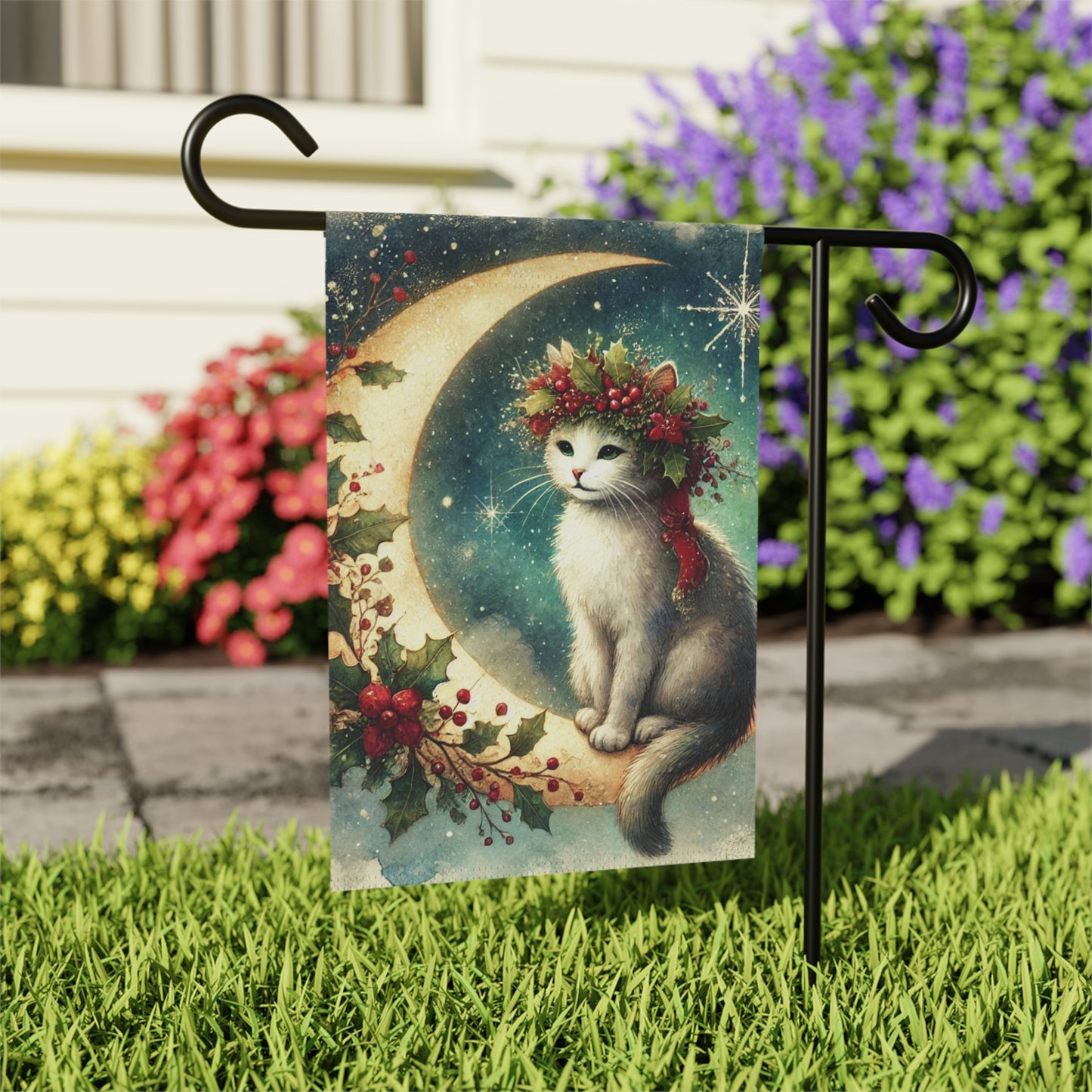 Holiday Moon - Cat Lover - Garden & House Banner - Yard Flag   