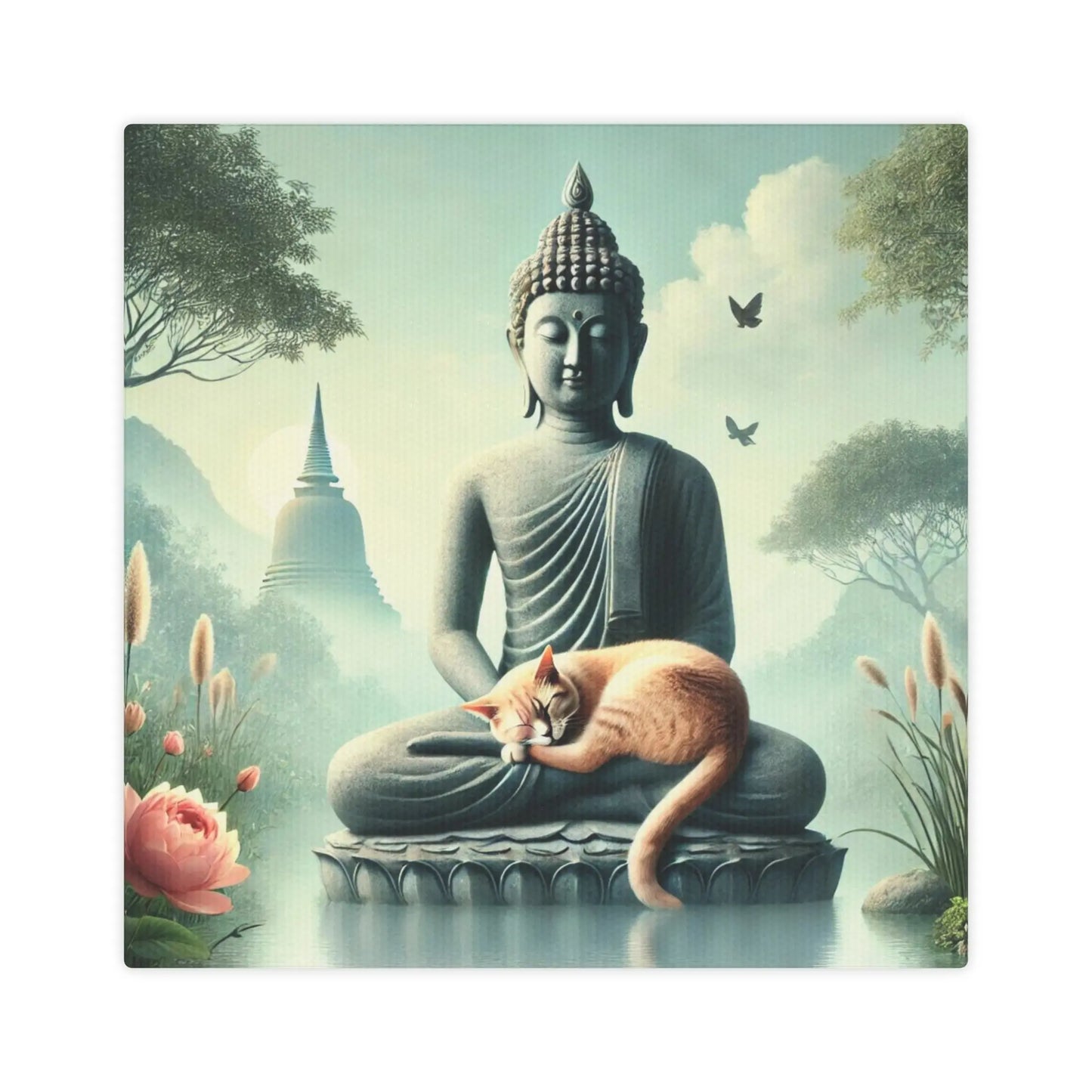 Cat Naps with Buddha - Cat Lover - Wall Art Decor 8x8   