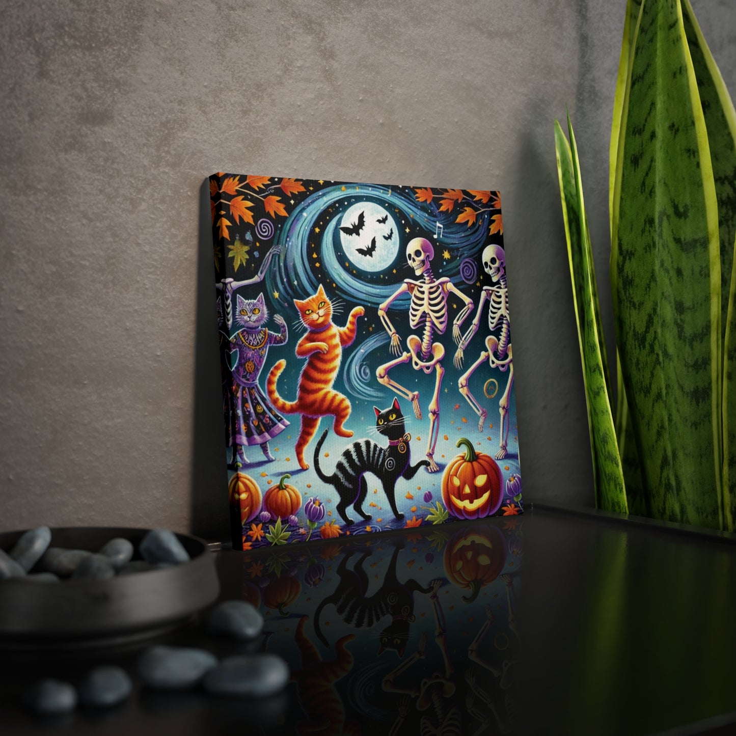 Skeleton Dance - Cat Lover - Wall Art Decor 8x8 - Halloween Decor   