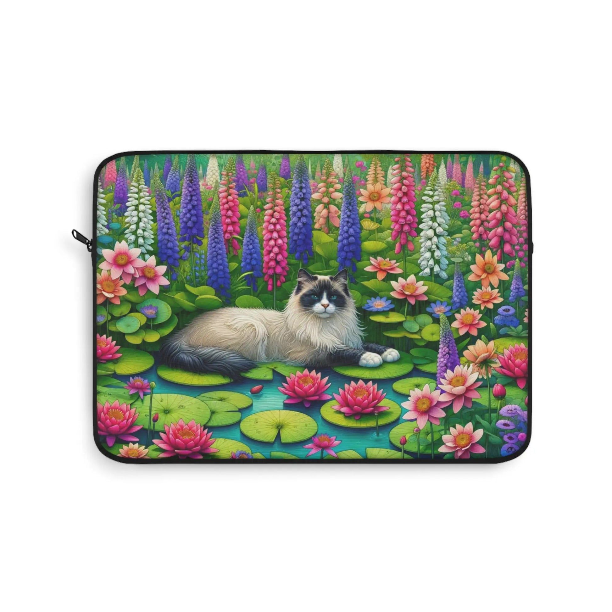 July Birth Flower - Water Lily and Larkspur - Cat Lover - Laptop Sleeve   