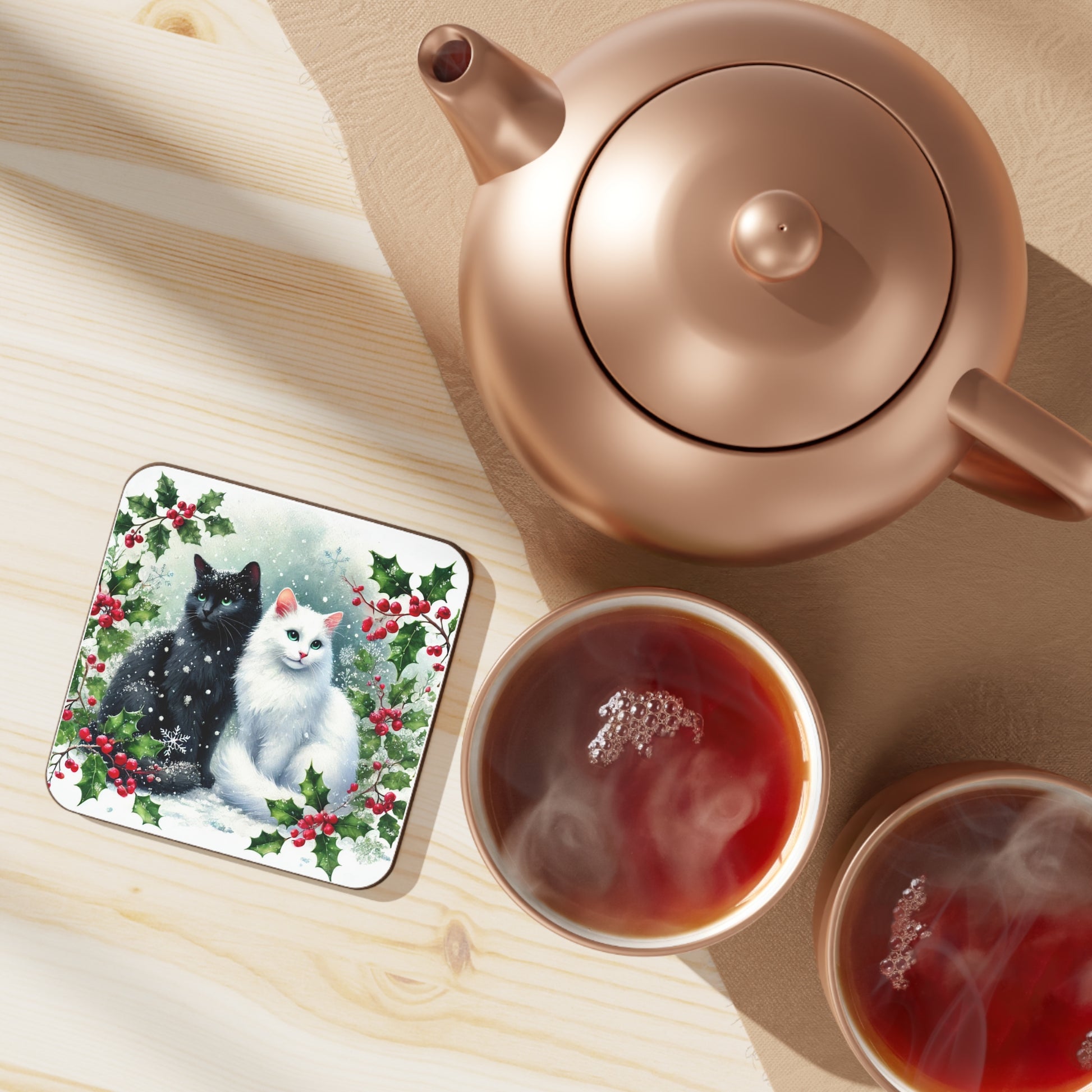 Winter Holly Hugs - Cat lover - Hardboard Back Coaster   