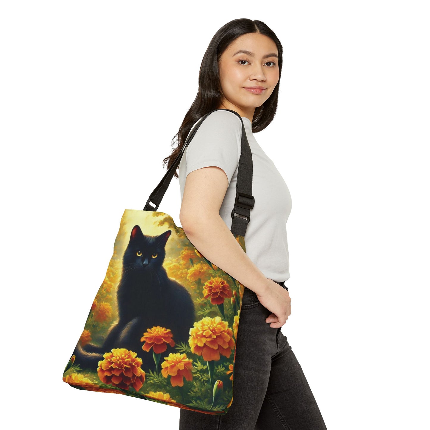 October Birth Flower - Marigolds - Cat Lover - Adjustable Strap Tote Bag   