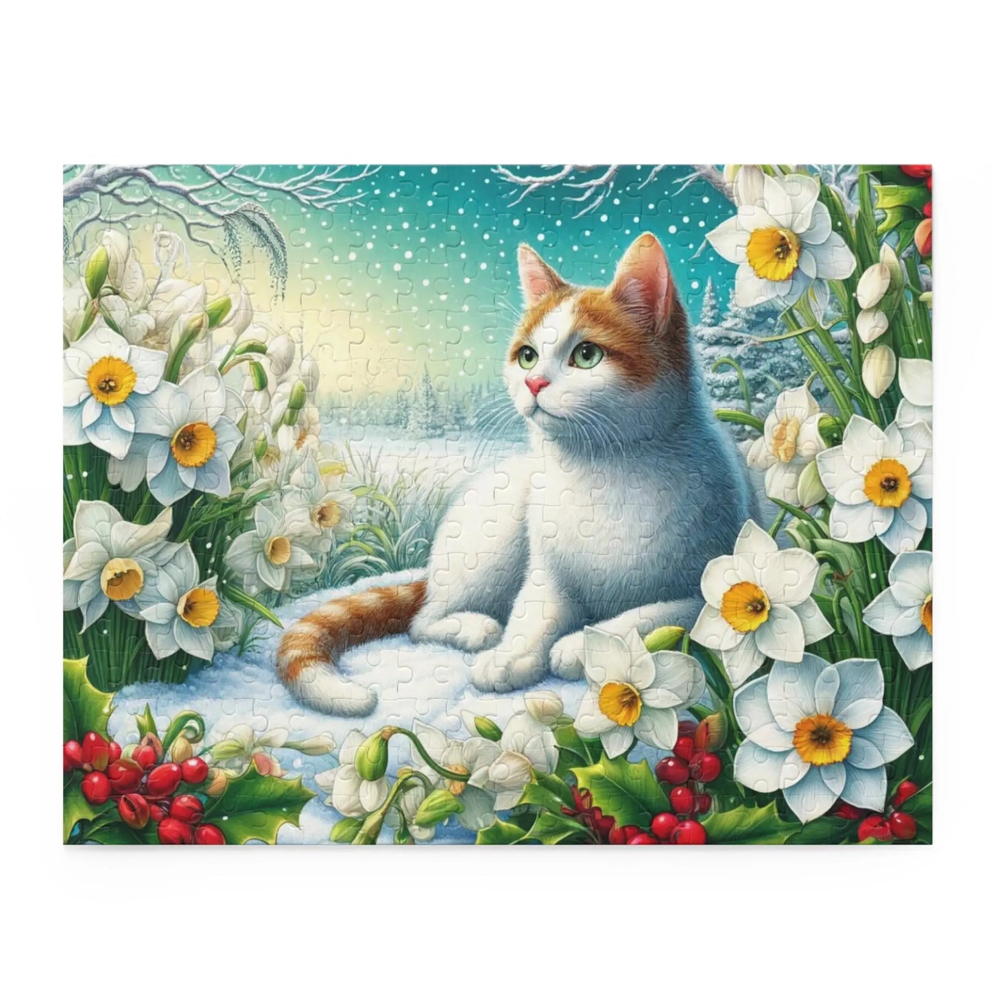 December Birth Flower Puzzle - Holly and Narcissus - Cat Lover Gift -120-piece- 252-piece- or 500-piece - Montecore PawPrints