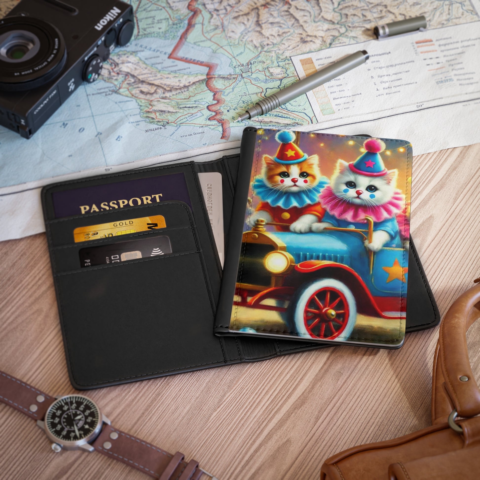 Cat Circus Clown Car - Passport Cover - Travel Wallet   