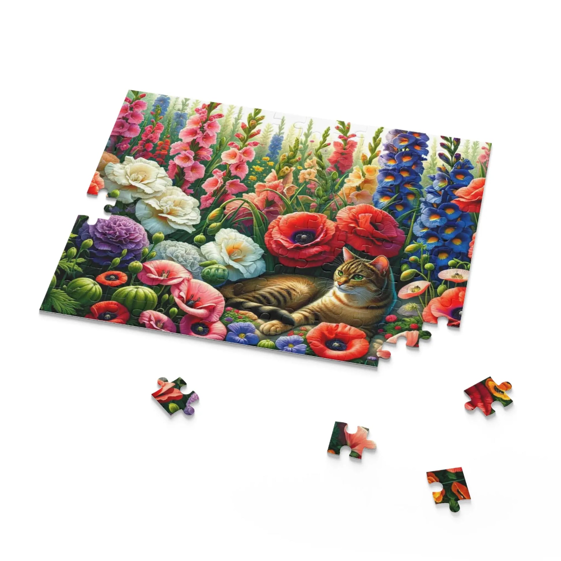 August Birthday Flower Puzzle - Gladiolas and Poppies - Cat Lover Gift  - 120-piece- 252-piece- 500-piece size - Montecore PawPrints