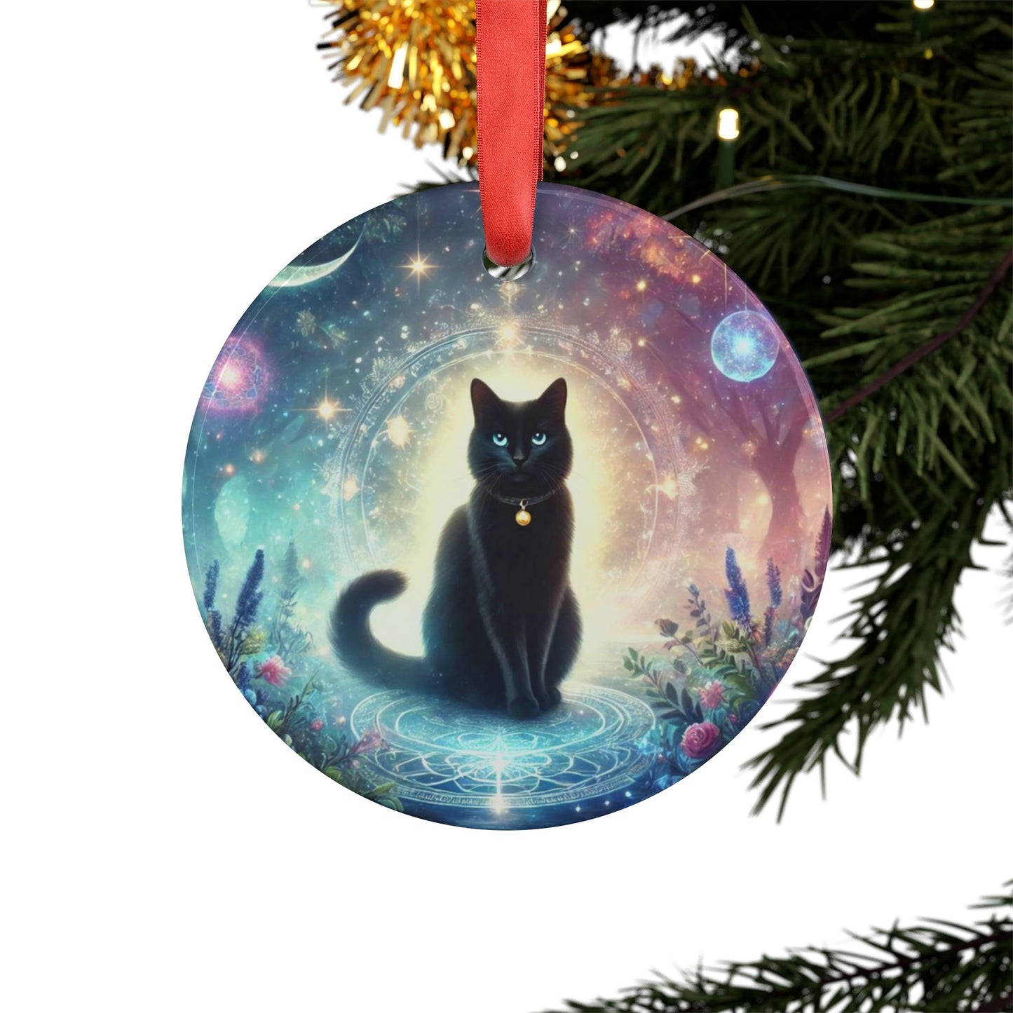 Black Cat - Cosmic Acrylic Ornament with Ribbon   