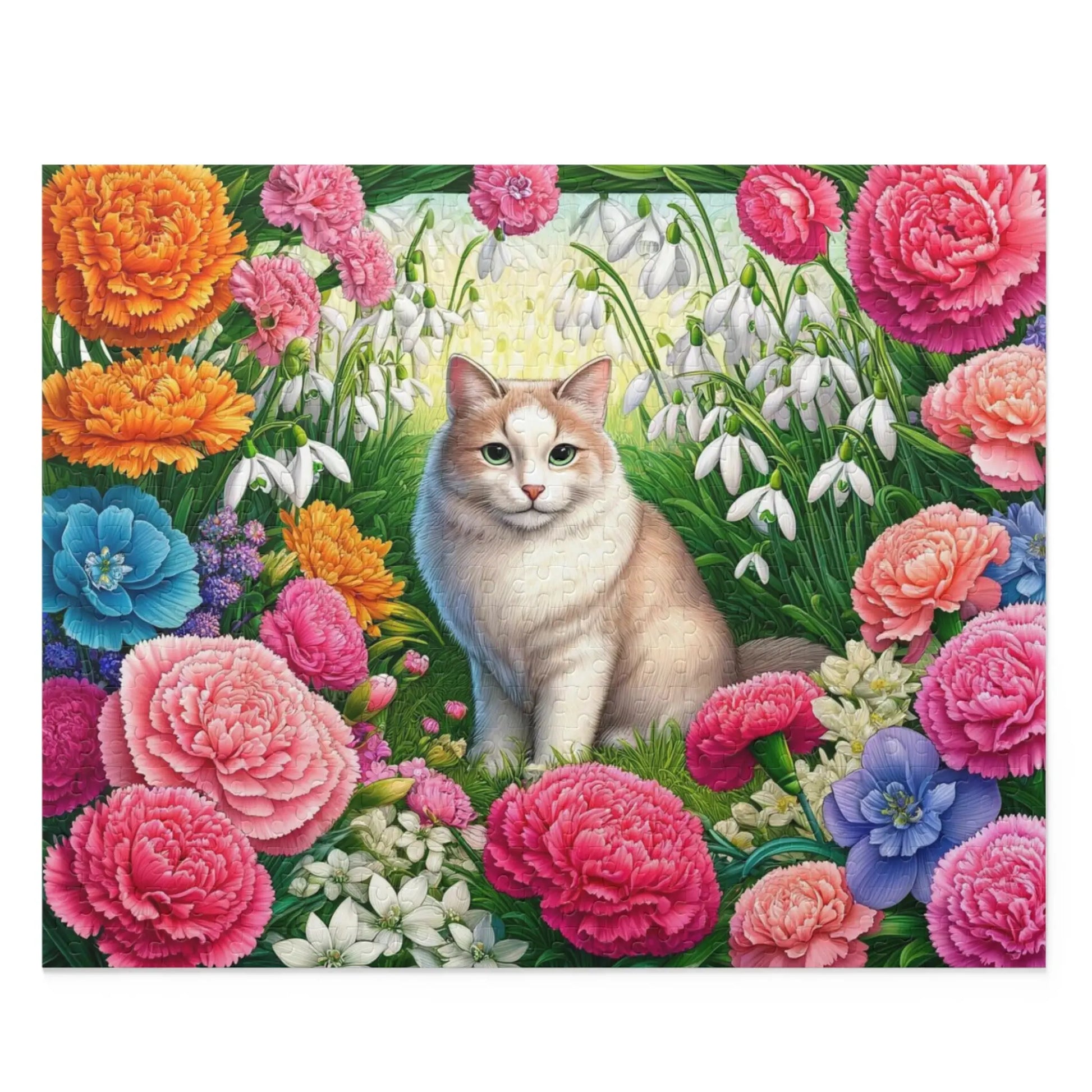 January Birth Flower Puzzle - Carnations & Snowdrops - Cat Lover Gift - 120, 252, or 500-piece - Montecore PawPrints