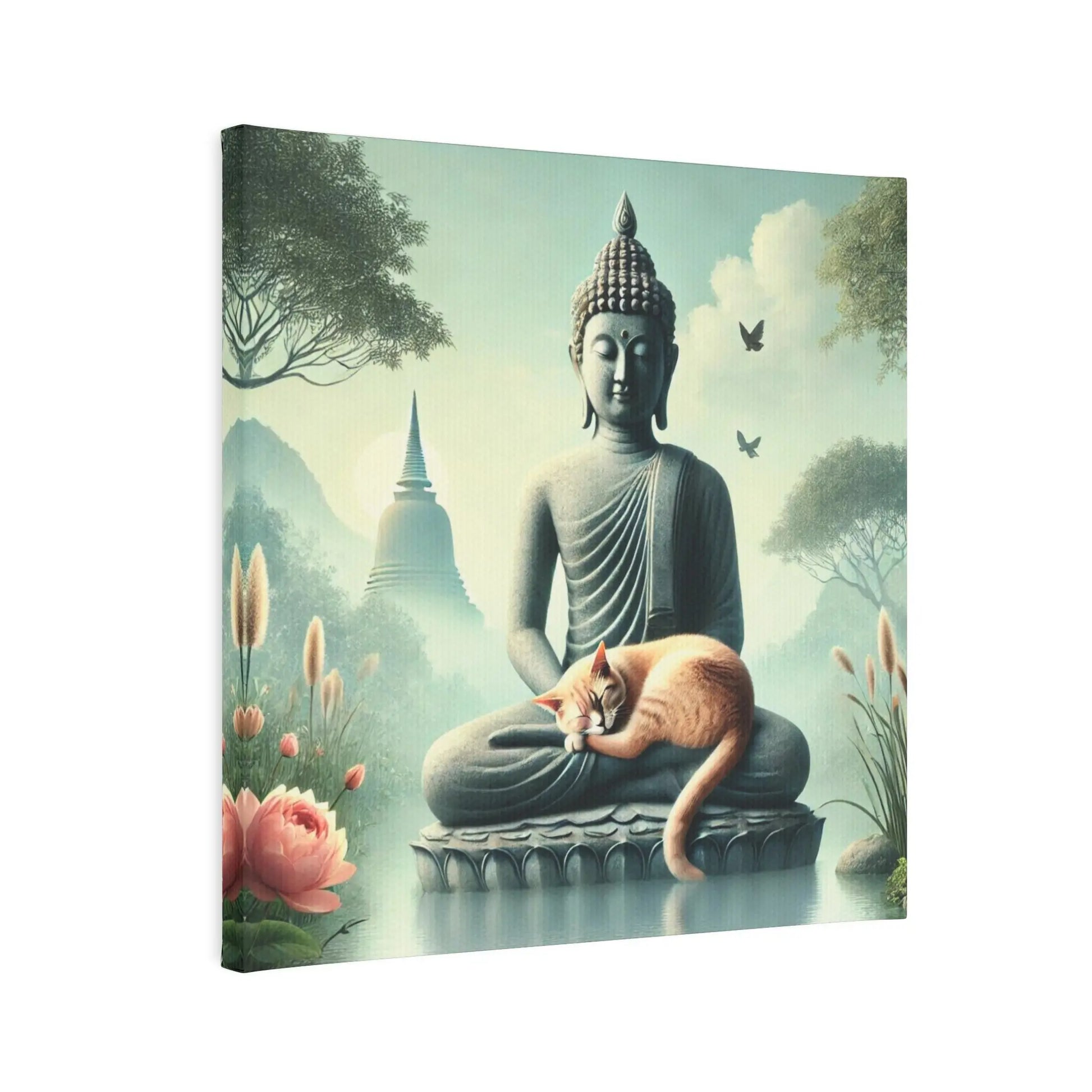 Cat Naps with Buddha - Cat Lover - Wall Art Decor 8x8   