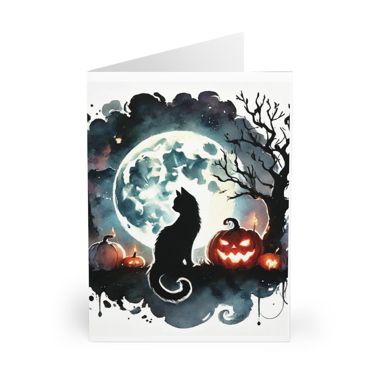 Halloween - Black Cat and Full Moon - Greeting Cards (5 Pack)   