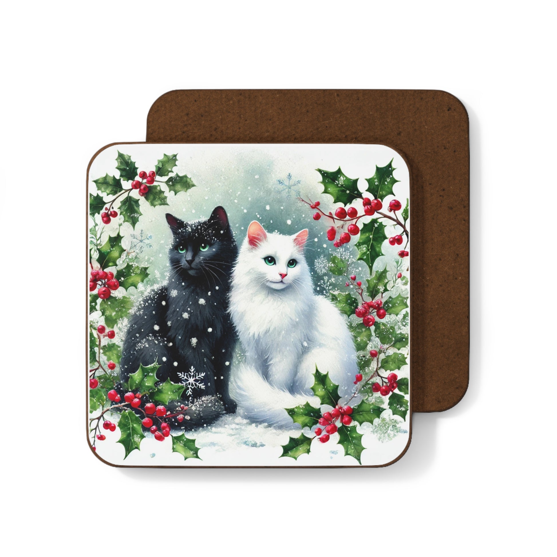 Winter Holly Hugs - Cat lover - Hardboard Back Coaster   