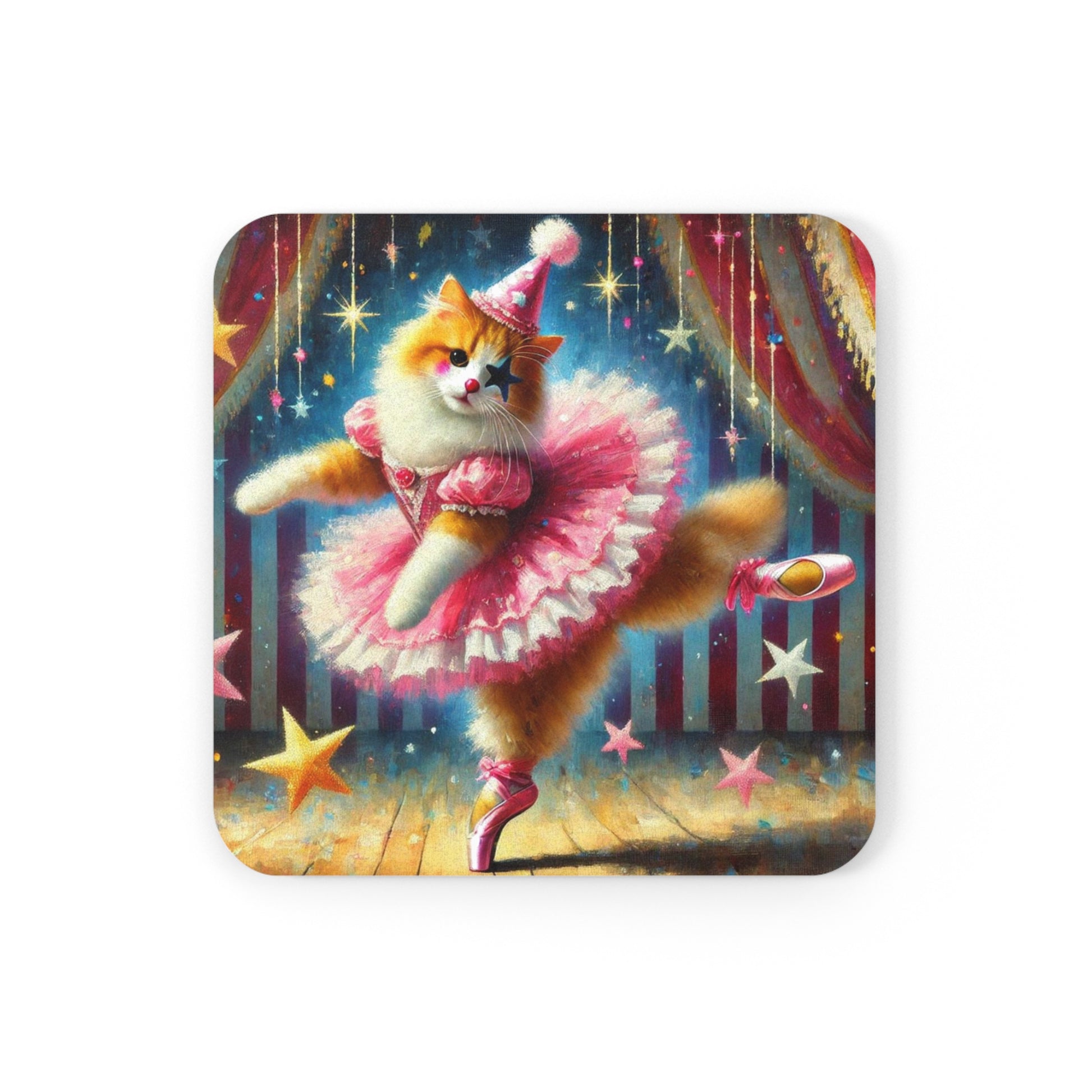 Pink Circus Cat Clown Ballerina  - High Gloss Drink Coaster   