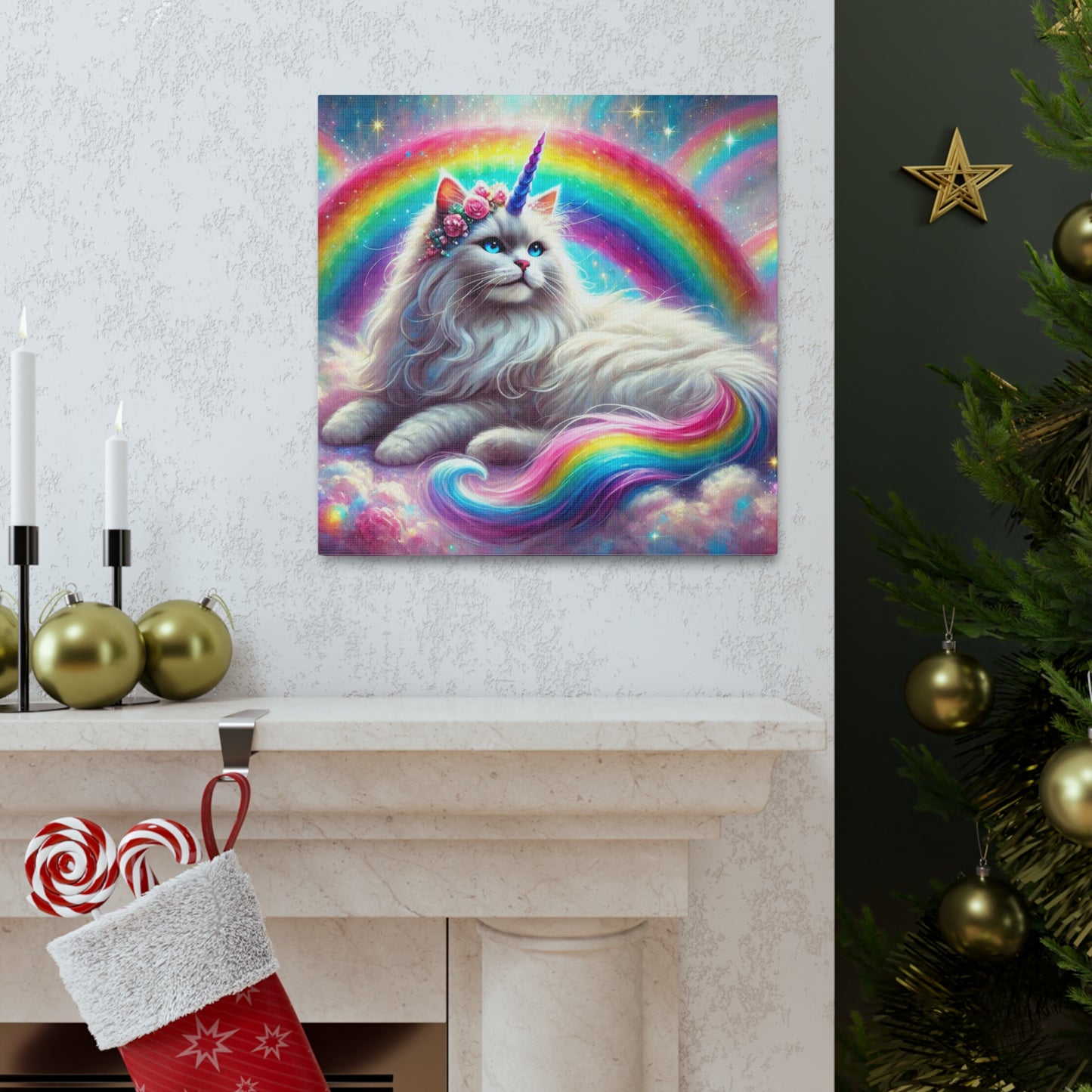 Magical Caticorn - Cat Unicorn - Rainbow Decor - Canvas Gallery Wraps - 3 Sizes   