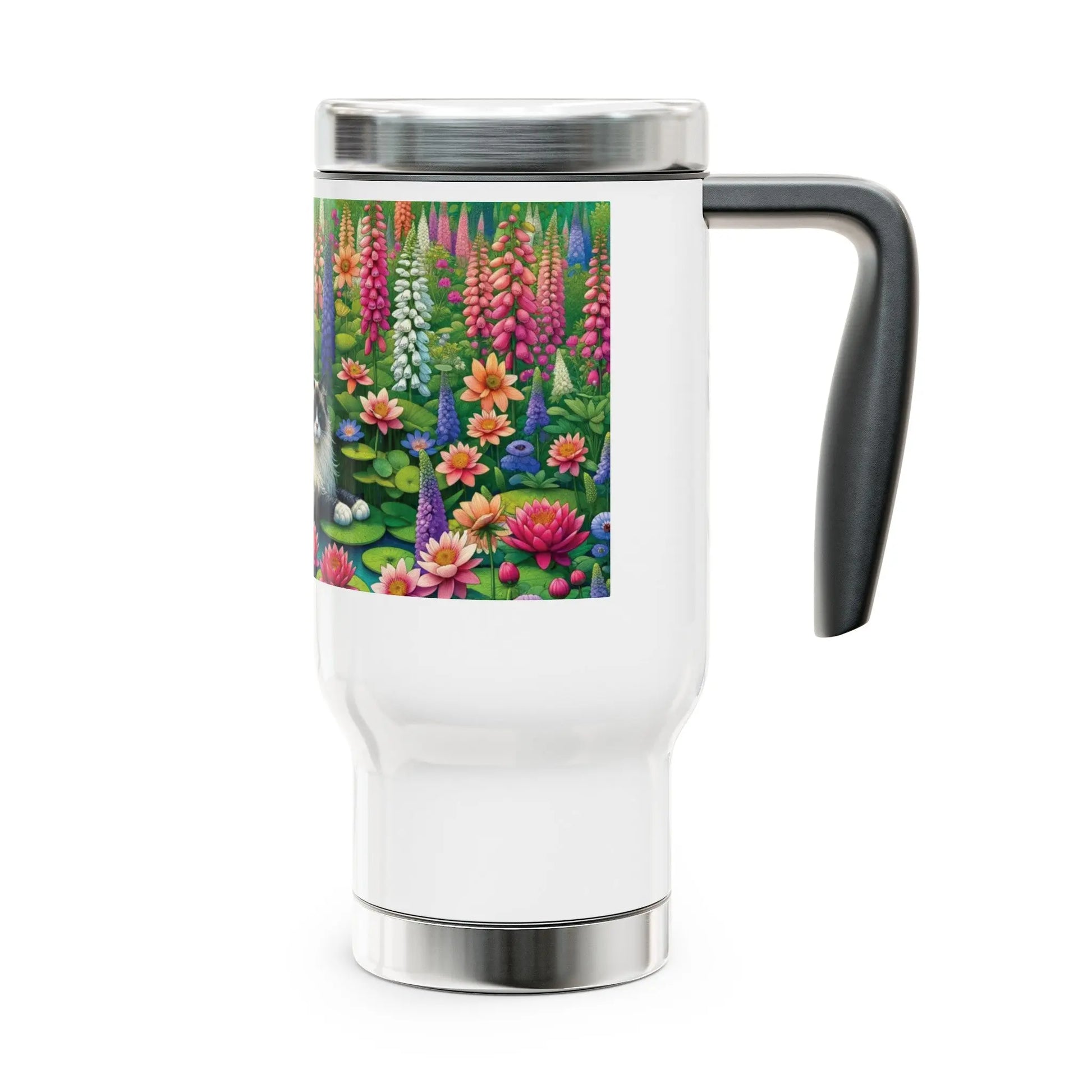 Water Lilly and Gladiolus - Cat Lover -Stainless Steel Travel Mug with Handle, 14oz   