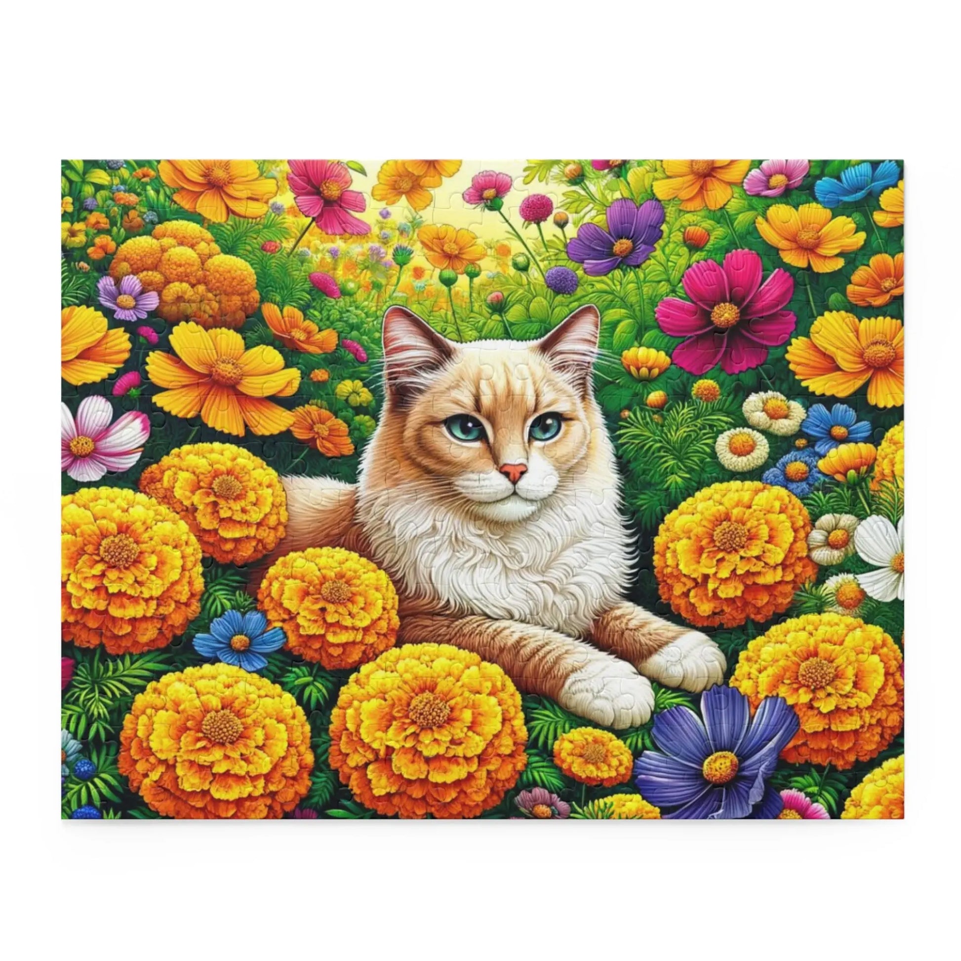 October Birth Flower Puzzle - Marigolds and Cosmos - Cat Lover Gift -  120-piece- 252-piece- or 500-piece - Montecore PawPrints