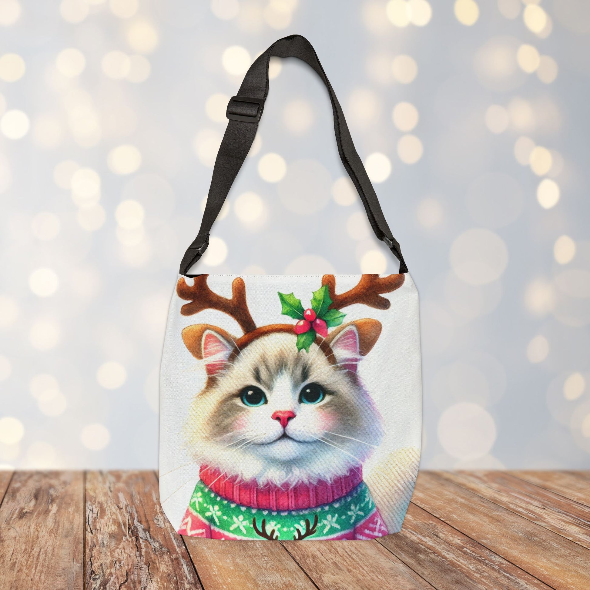 Cat Reindeer - Christmas Sweater - Adjustable Strap Tote Bag   