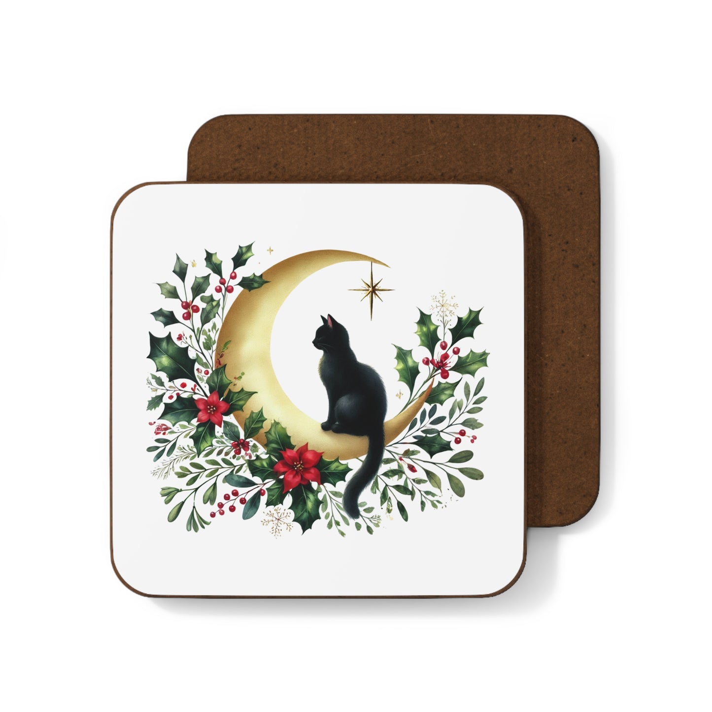 Winter Moon - Cat lover - Hardboard Back Coaster   