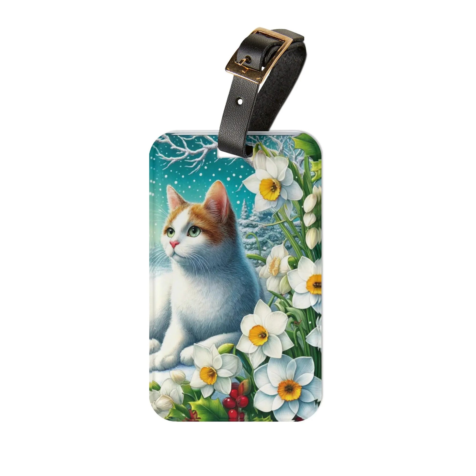 December Birth Flower -  Holly and Narcissus - Cat Lover - Luggage Tag - Montecore PawPrints