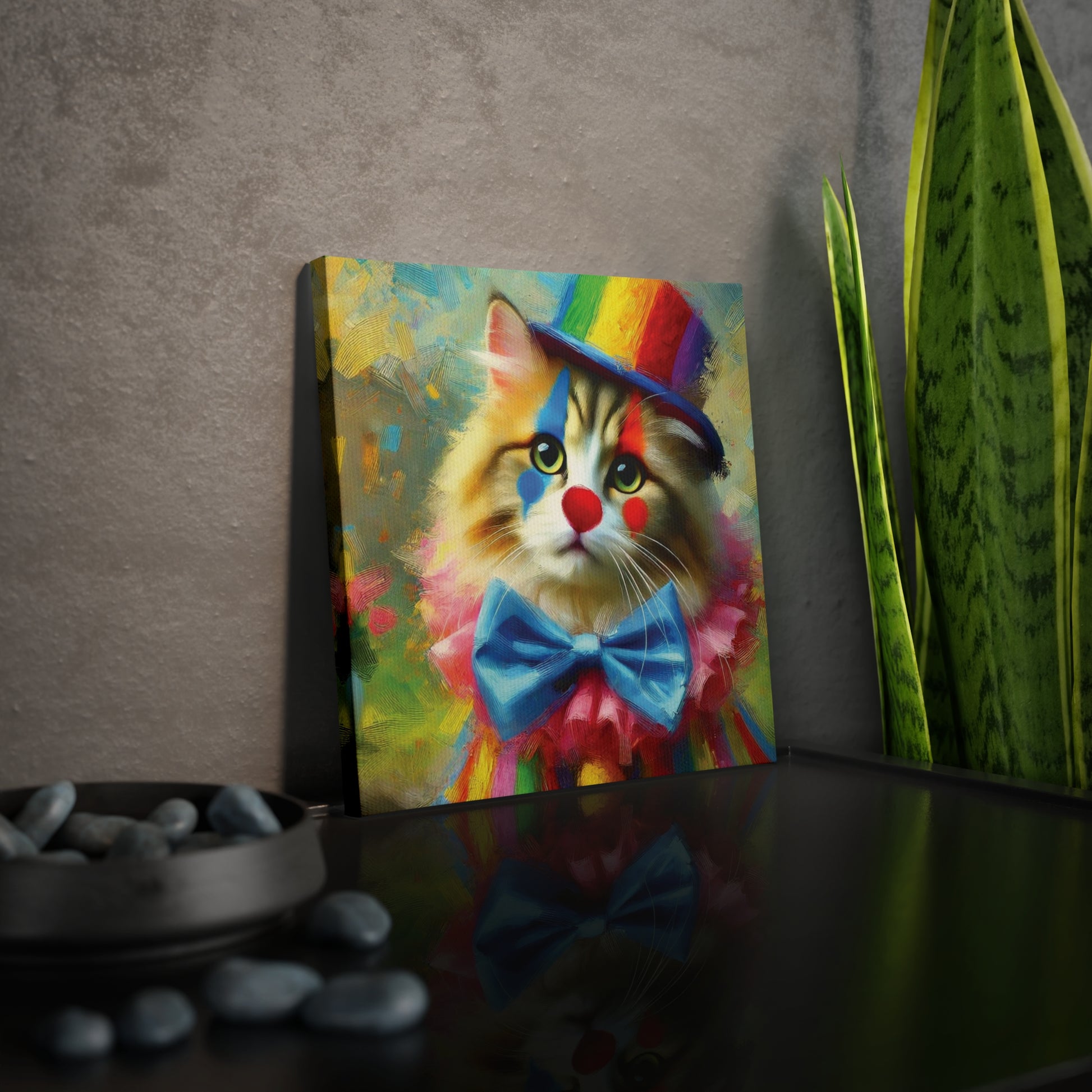 Rainbow Top Hat Cat Clown - Wall Art Decor 8x8   