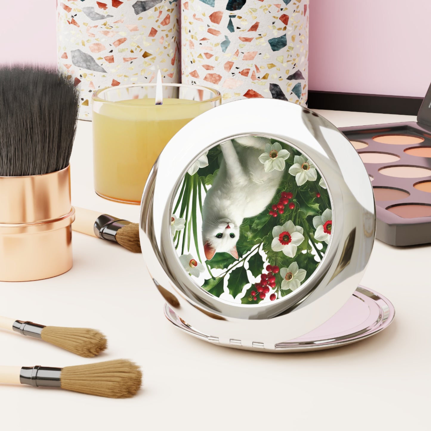 December Birth Flower - Cat Lover - Compact Travel Mirror   