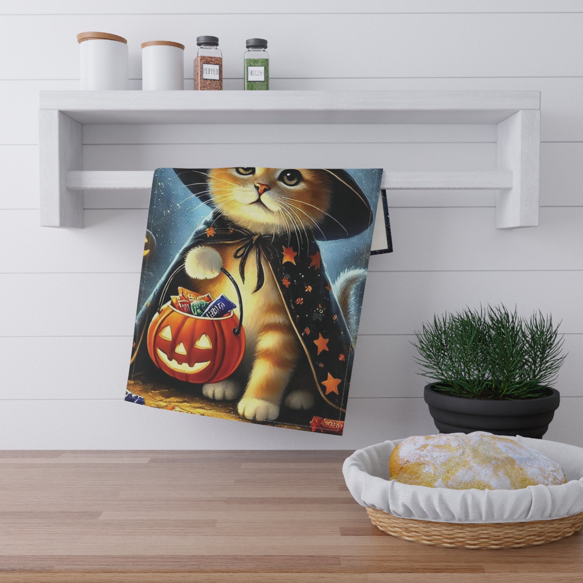 Halloween Decoration - Orange Kitten Trick or Treating - Kitchen Tea Towel   