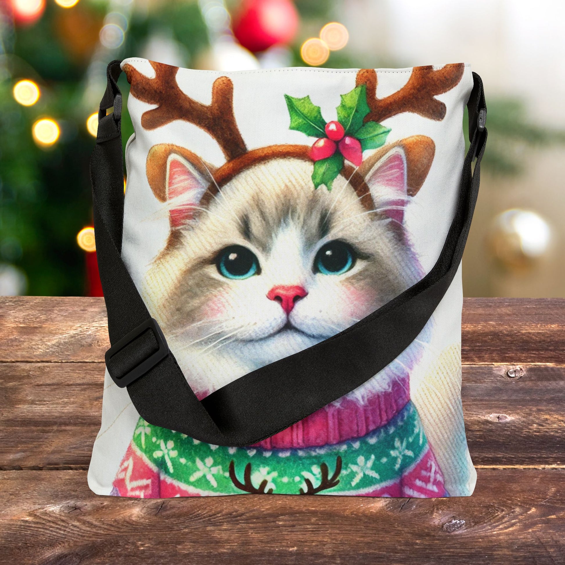 Cat Reindeer - Christmas Sweater - Adjustable Strap Tote Bag   