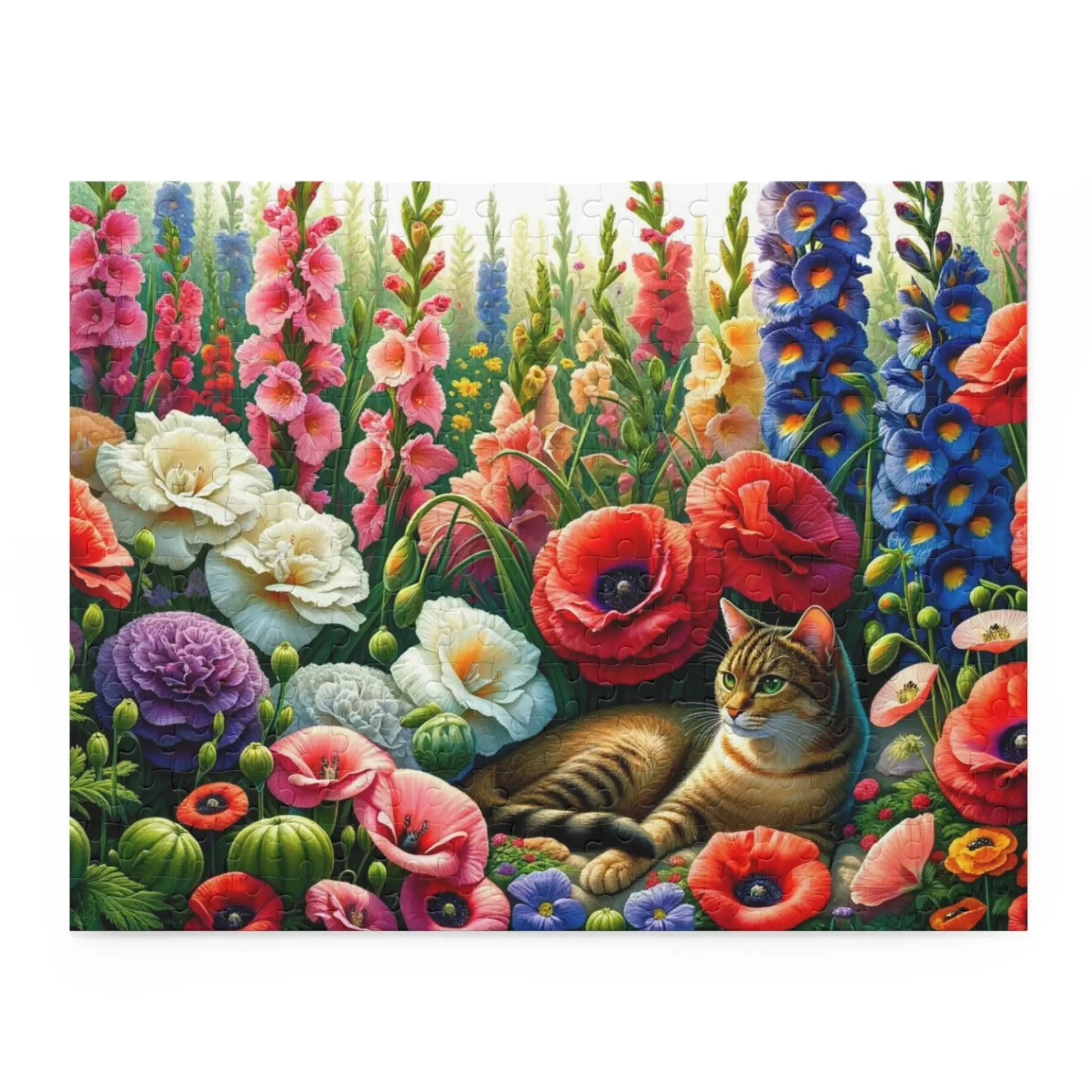 August Birthday Flower Puzzle - Gladiolas and Poppies - Cat Lover Gift  - 120-piece- 252-piece- 500-piece size - Montecore PawPrints