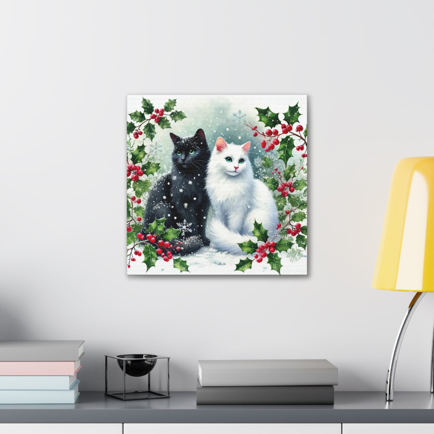 Winter Holly Hugs -  Cat Lover - Holiday Decor - Canvas Gallery Wraps   