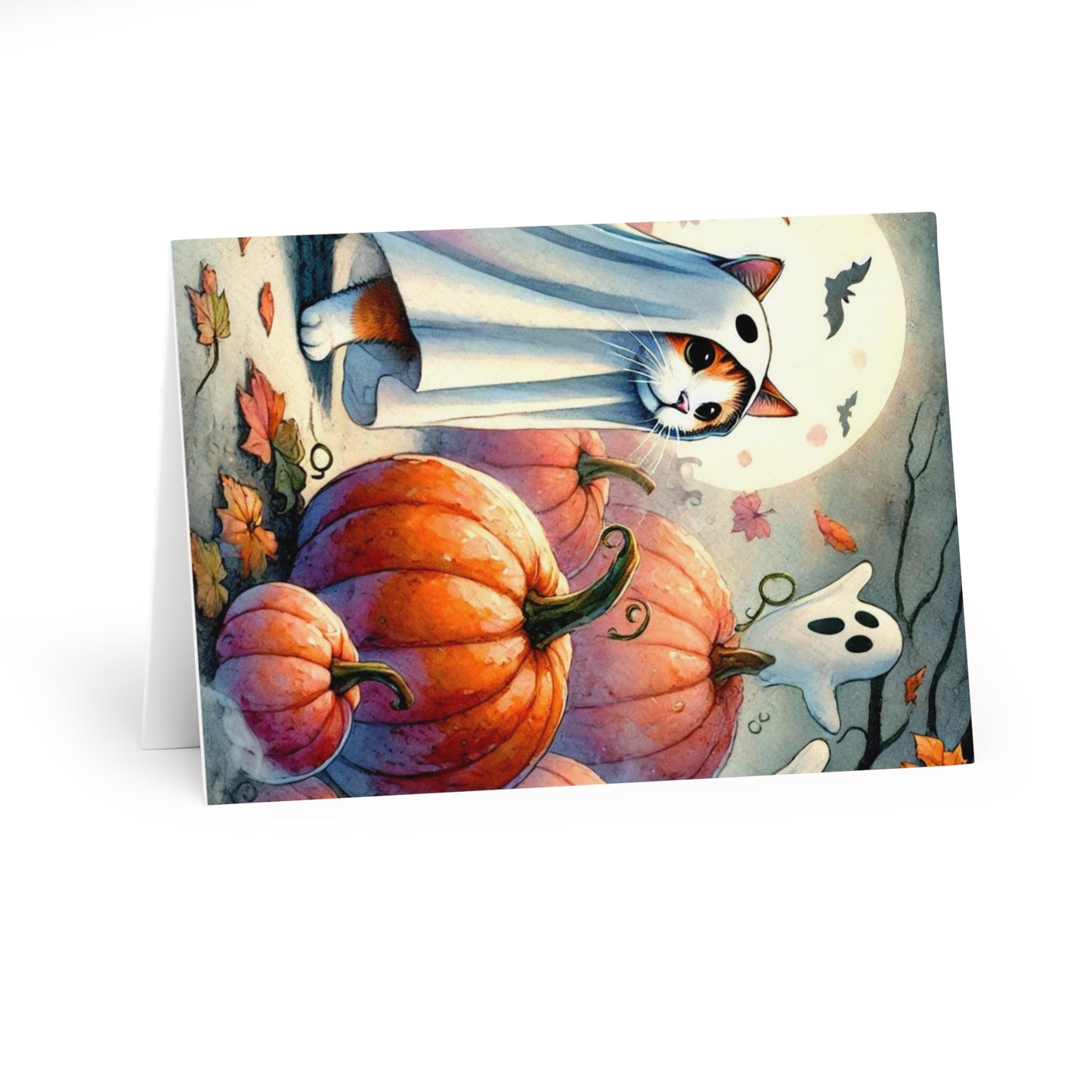 Halloween Ghost Cat in Pumpkin Patch- Blank Greeting Cards (5 Pack)   