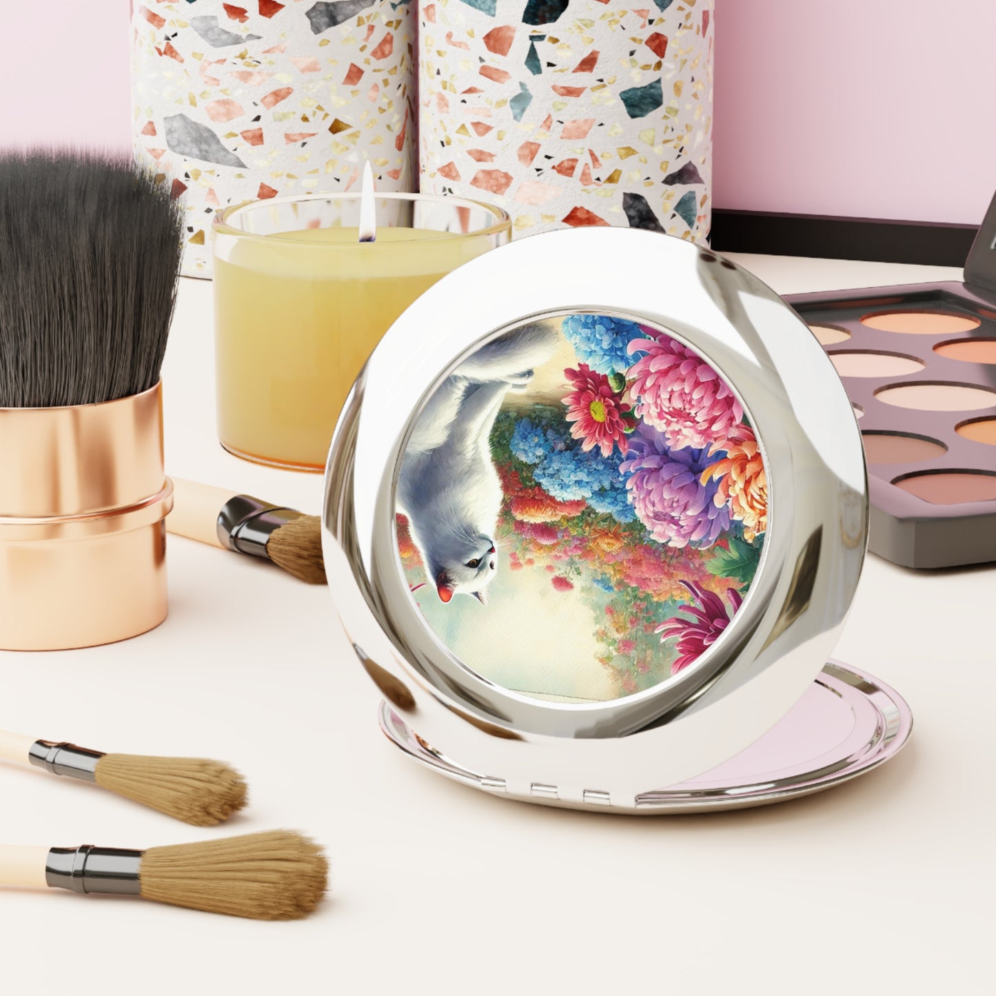 November Birth Flower - Cat Lover - Compact Travel Mirror   