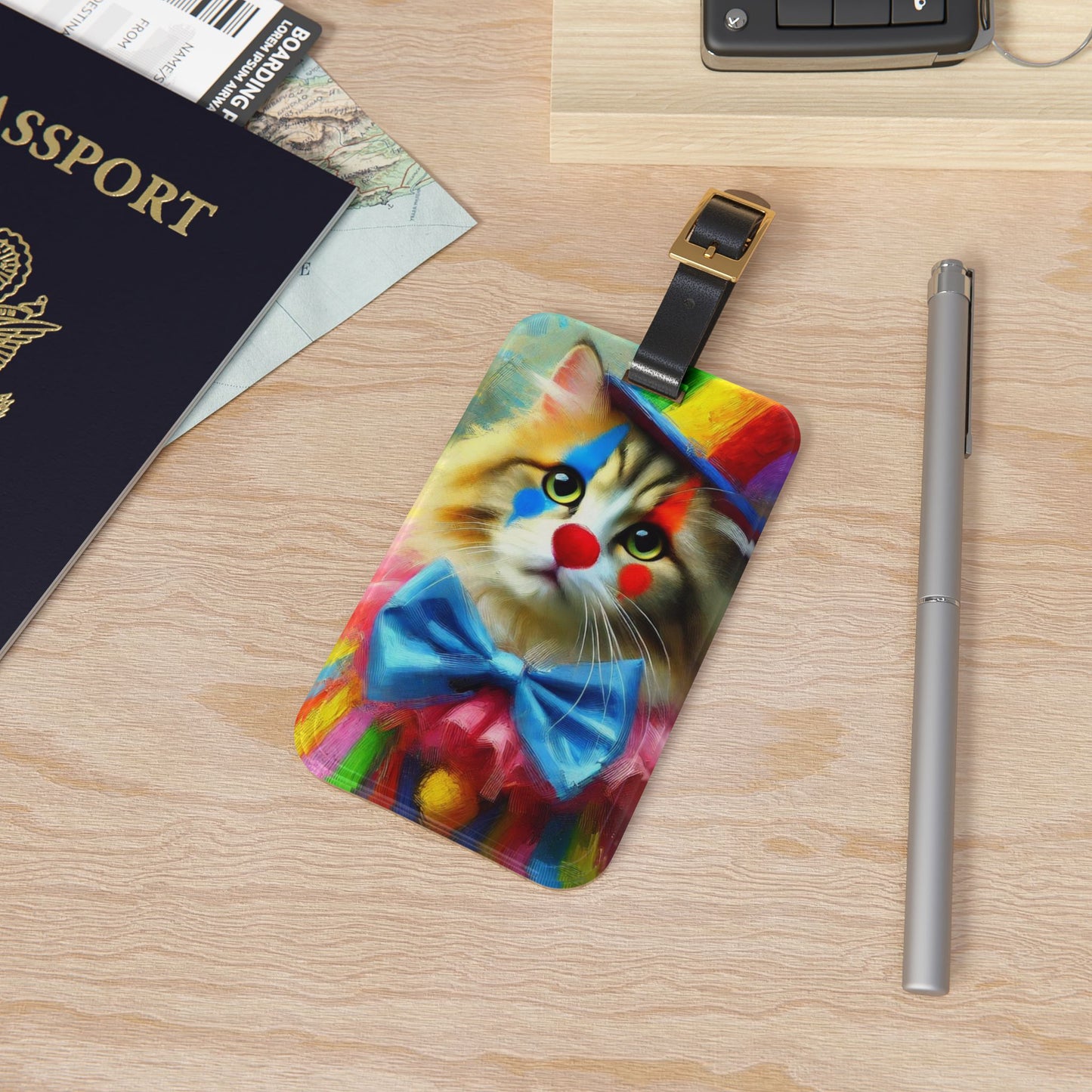 Rainbow Cat Circus Clown - Luggage Tag - Travel Gift   