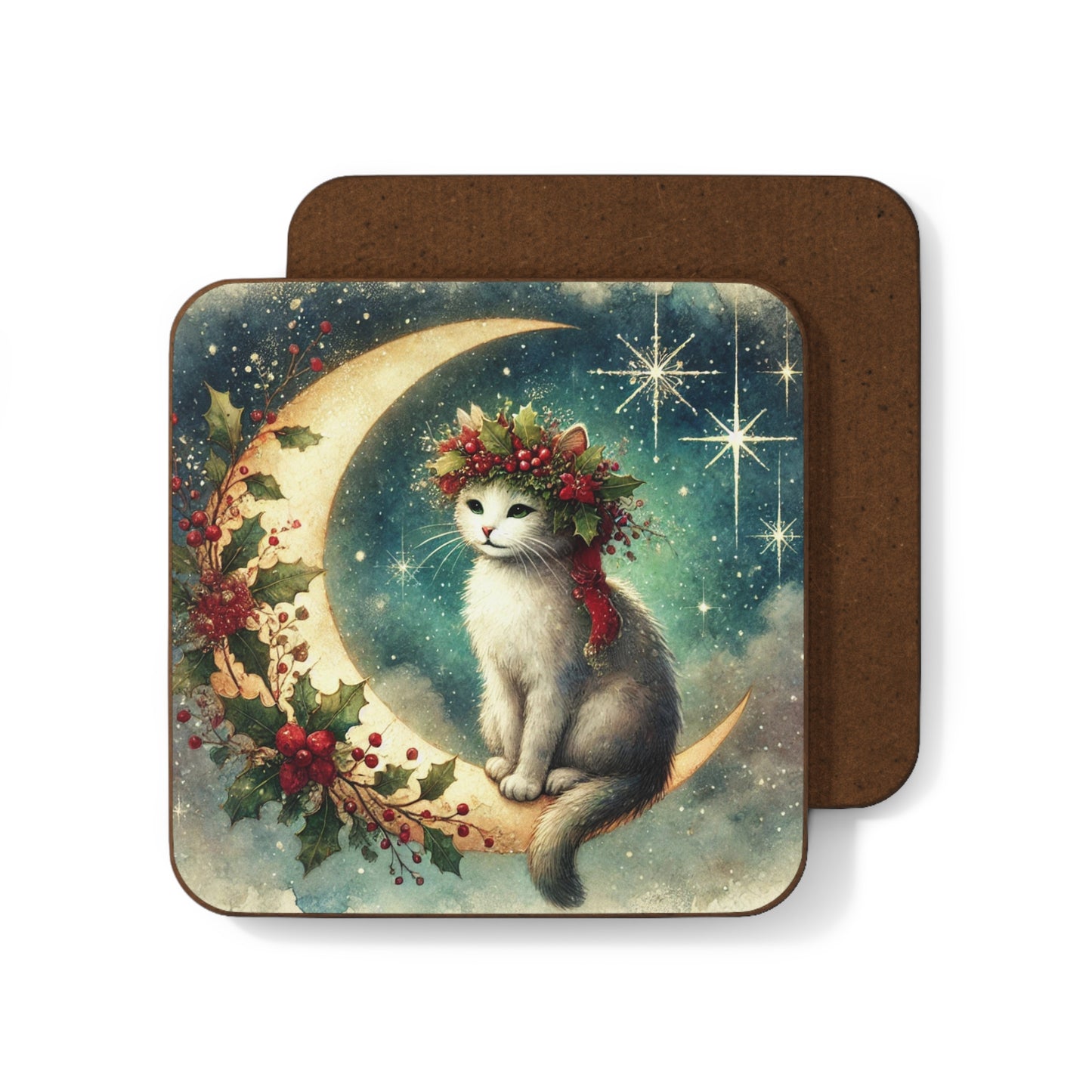 Holiday Moon - Cat lover - Hardboard Back Coaster   