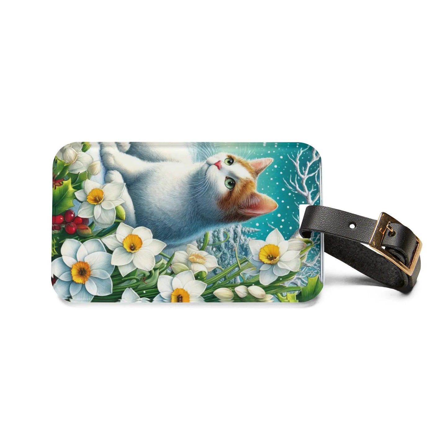 December Birth Flower -  Holly and Narcissus - Cat Lover - Luggage Tag - Montecore PawPrints