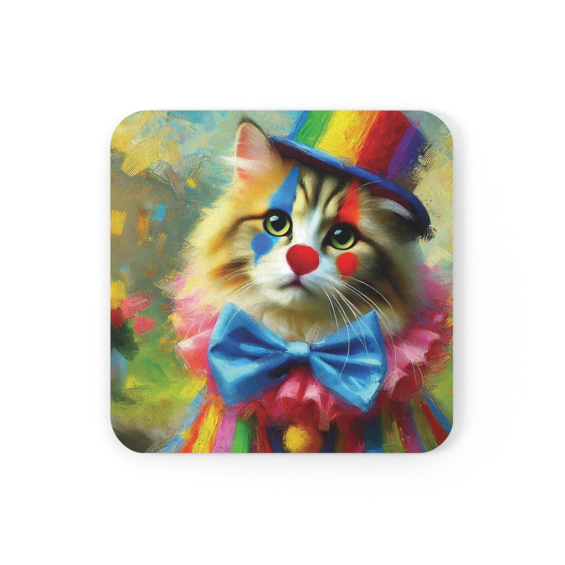 Rainbow Top Hat Cat Clown  - High Gloss Drink Coaster   