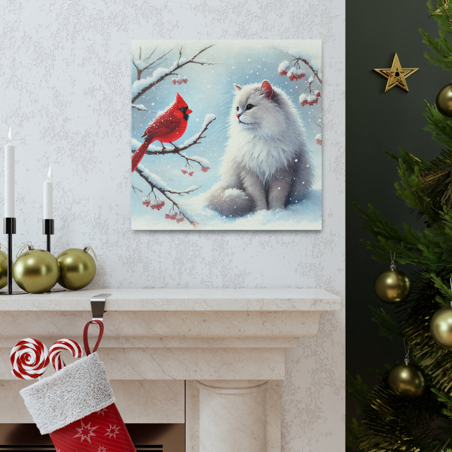 Winter Cardinal - Cat Lover - Holiday Decor - Canvas Gallery Wraps   