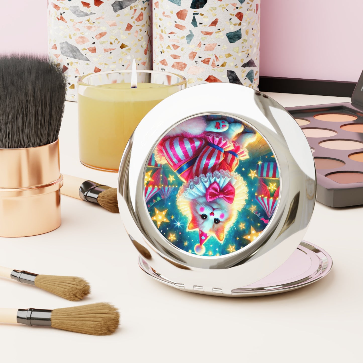 Pink Stripped Cat Clown Circus Fashion - Compact Travel Mirror   