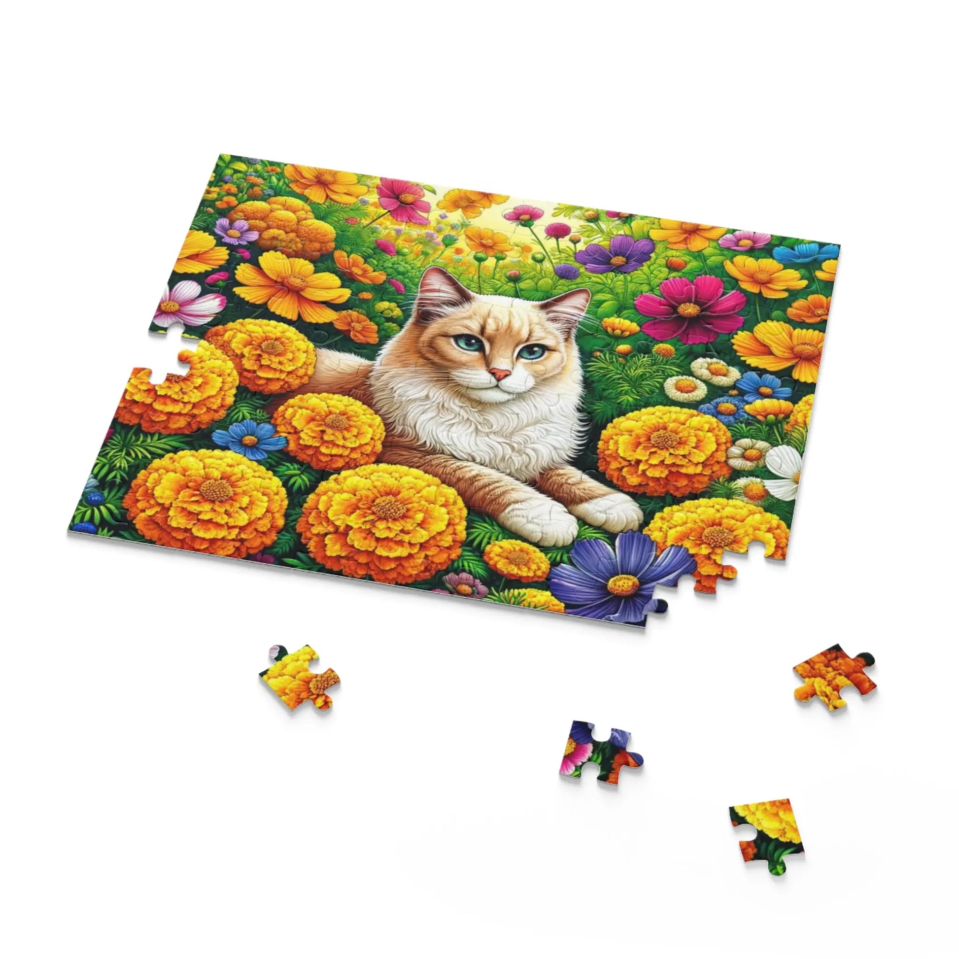 October Birth Flower Puzzle - Marigolds and Cosmos - Cat Lover Gift -  120-piece- 252-piece- or 500-piece - Montecore PawPrints