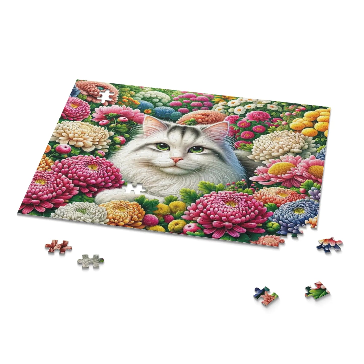 November Birthday Flower Puzzle - Chrysanthemum and Peony - Cat Lover Gift -120-piece- 252-piece- or 500-piece - Montecore PawPrints