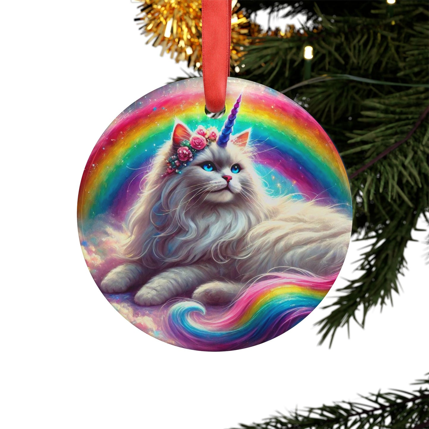 Rainbow Caticorn - Cat Unicorn - Acrylic Ornament with Ribbon   