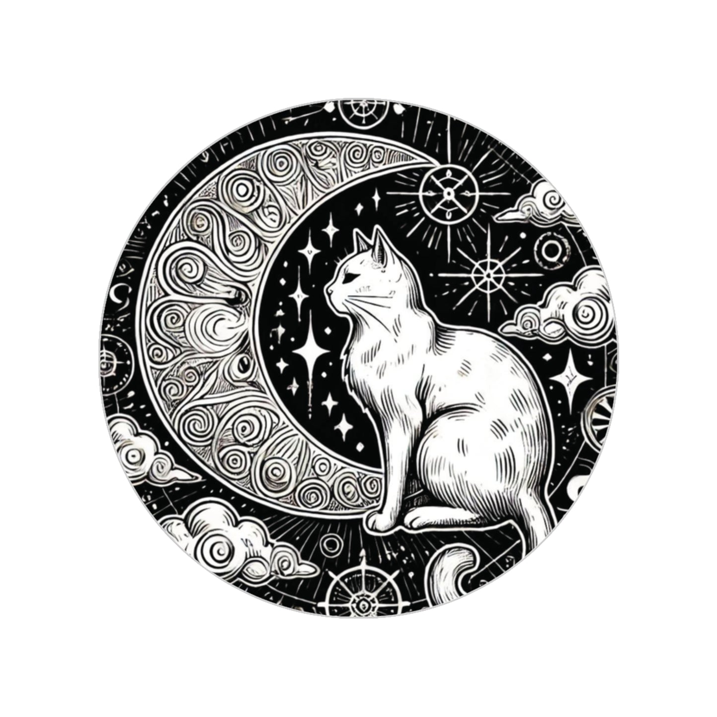 Bohemian Crescent Moon Cat Transparent Outdoor Stickers, Round, 1pcs   