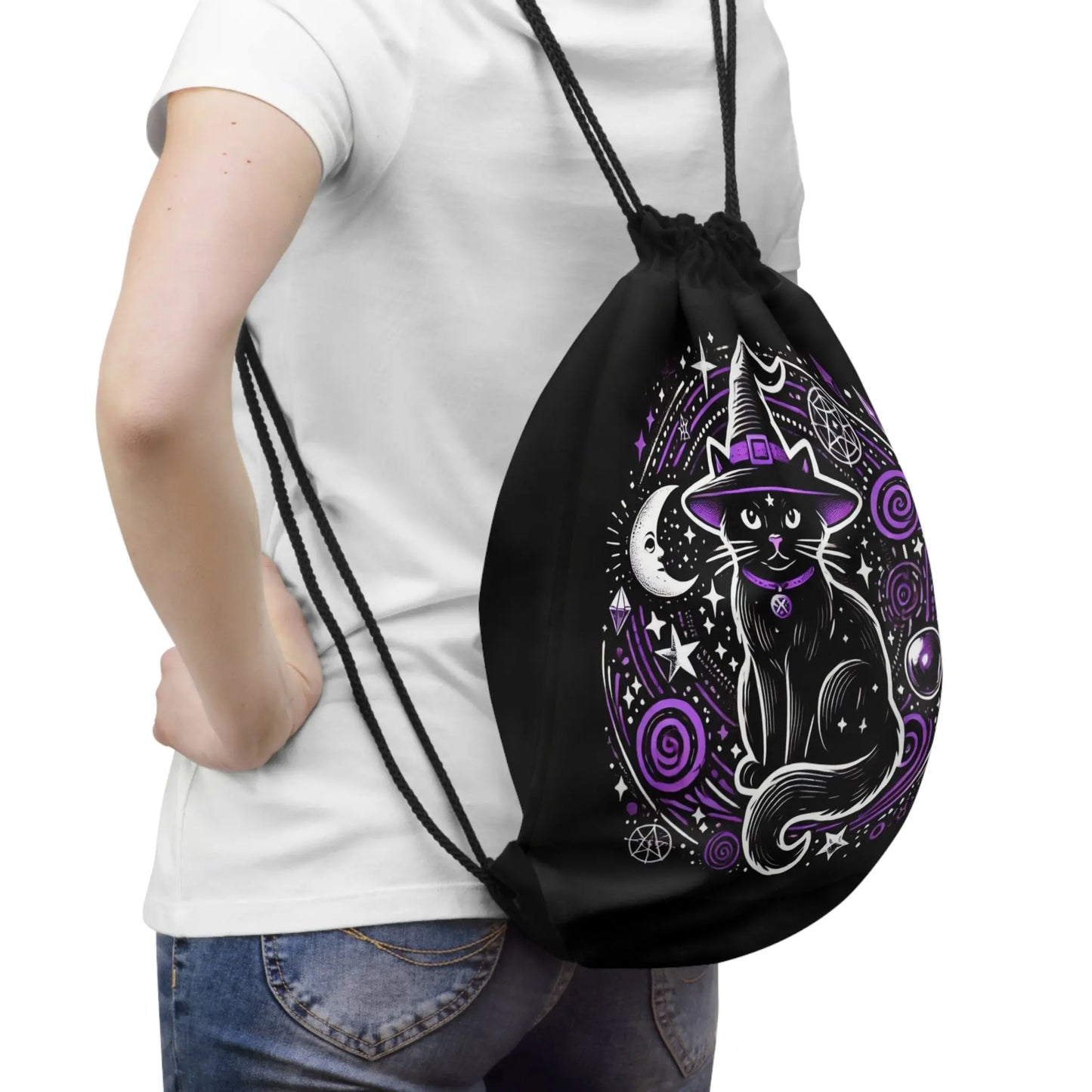 Witch Cat - Purple and Black - Halloween Drawstring Bag   