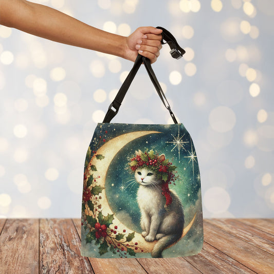 Holiday Moon - Cat Lover - Adjustable Strap Tote Bag   