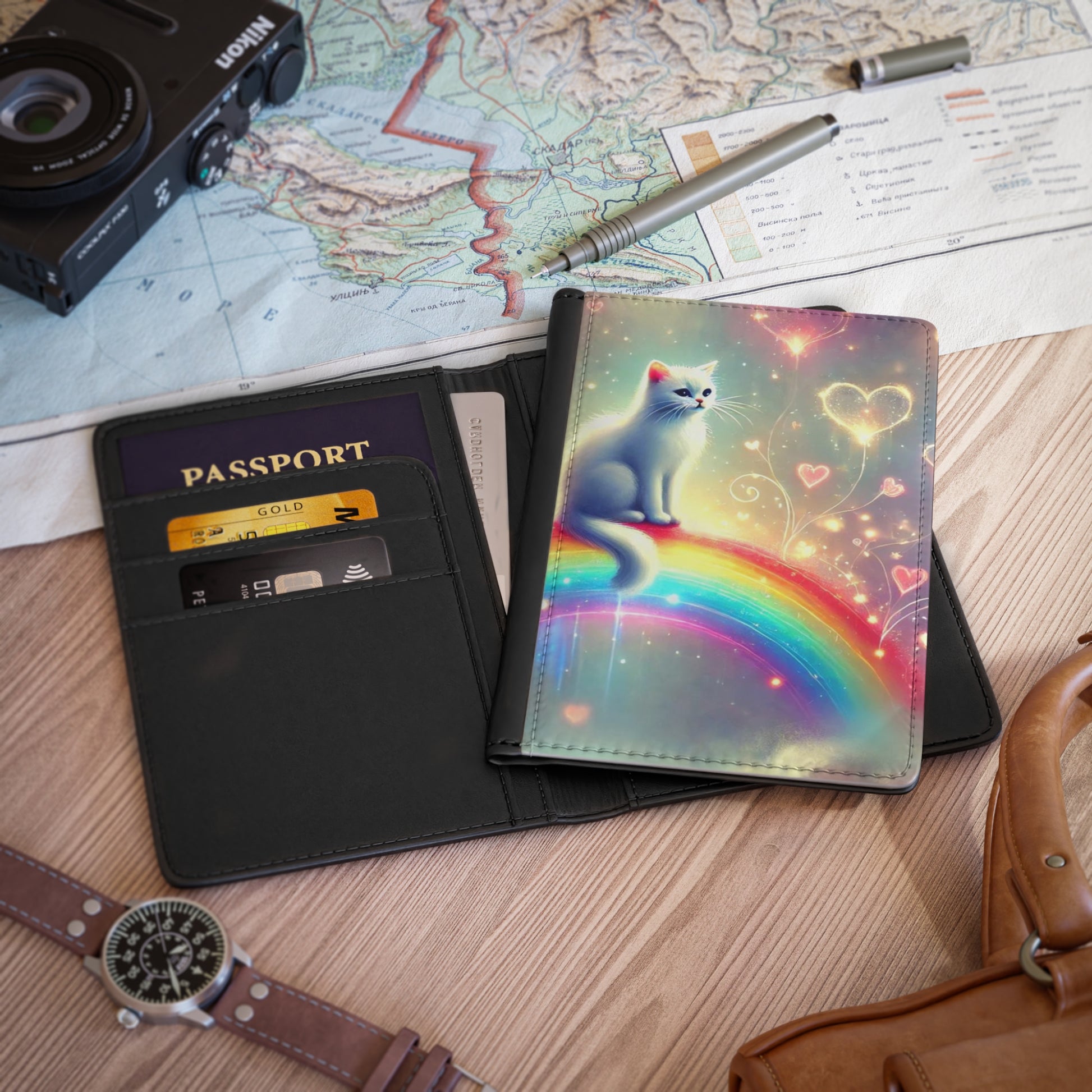 Rainbow Hearts - Cat Lover Passport Cover, Travel Wallet   