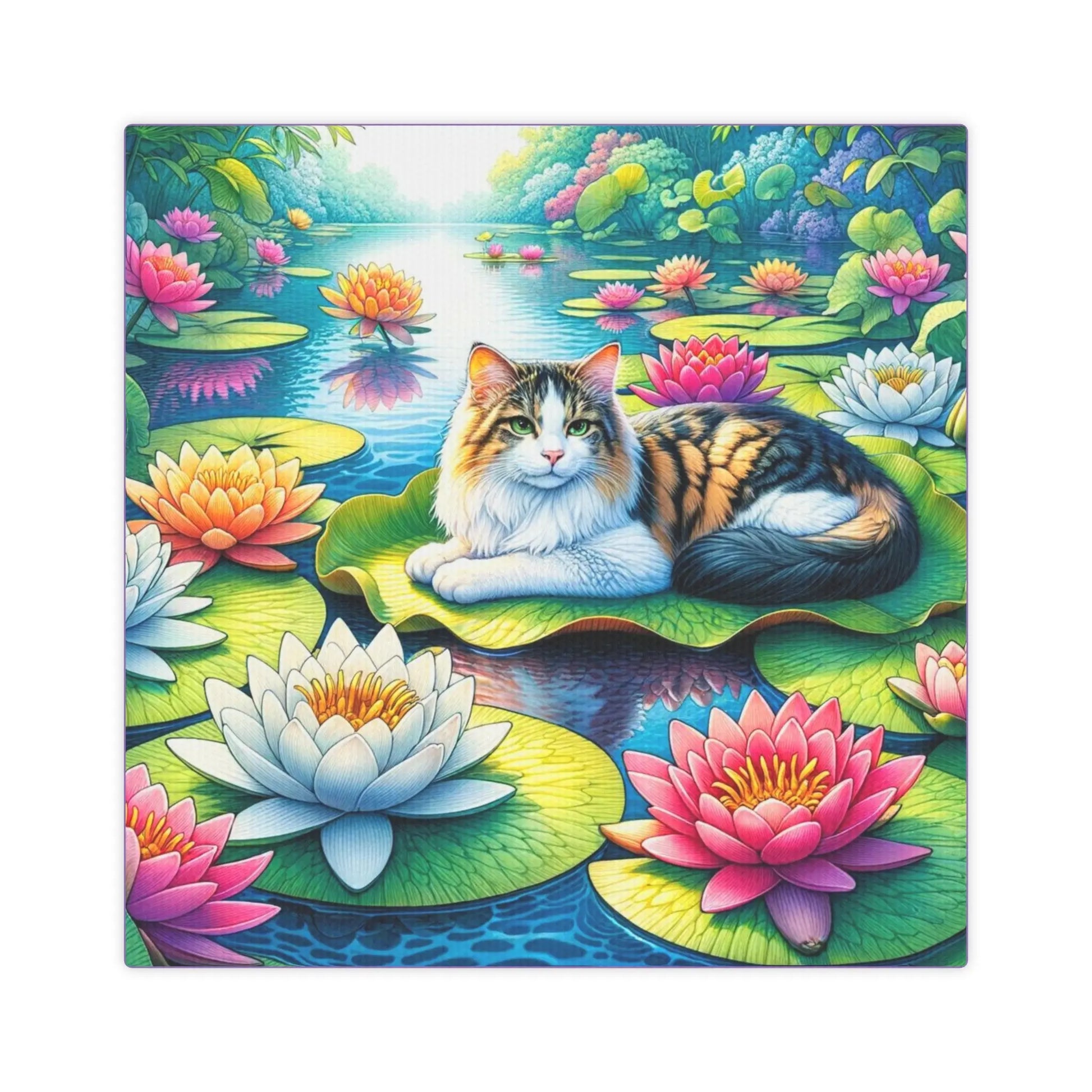 July Birthday Water Lilly Cat Lover Wall Art Decor - Great Birthday Gift - 8 x 8 Canvas Tile Print - Montecore PawPrints