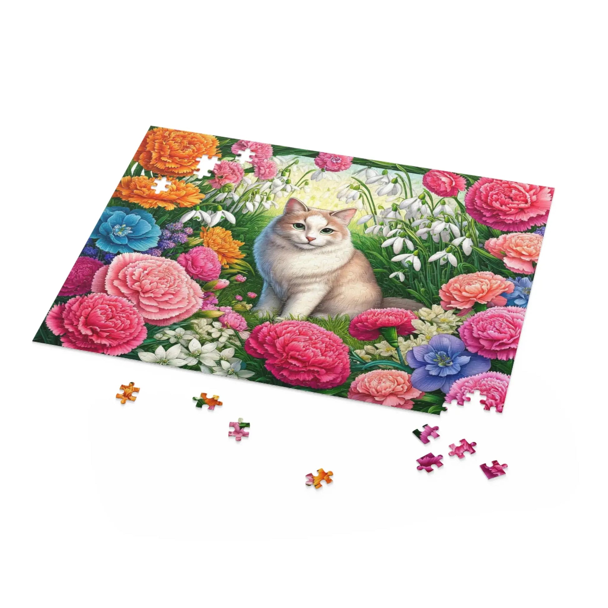 January Birth Flower Puzzle - Carnations & Snowdrops - Cat Lover Gift - 120, 252, or 500-piece - Montecore PawPrints