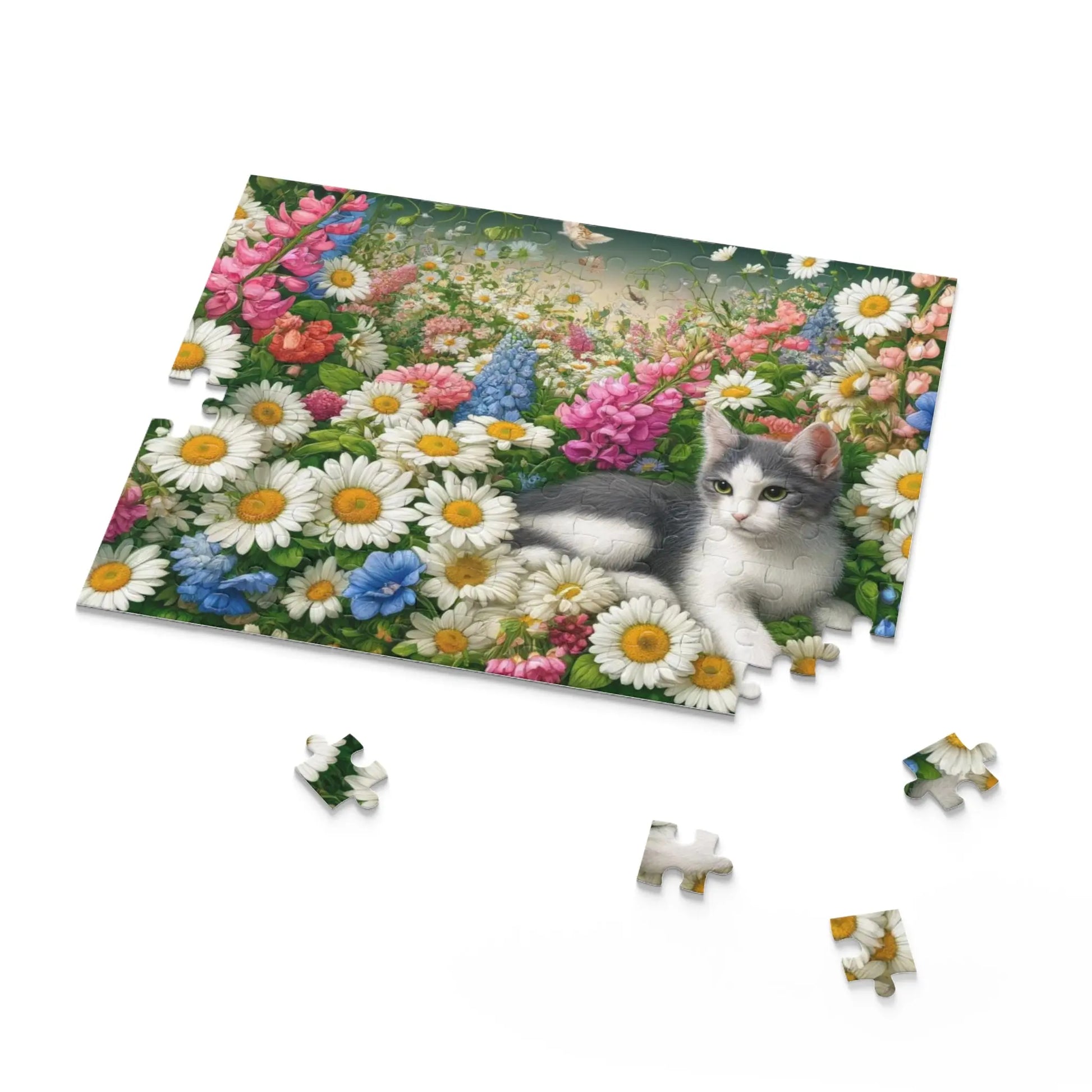 April Birth Flower Puzzle - Daisy & Sweet Pea - Cat Lover Gift - 120- 252- or 500-Piece - Montecore PawPrints