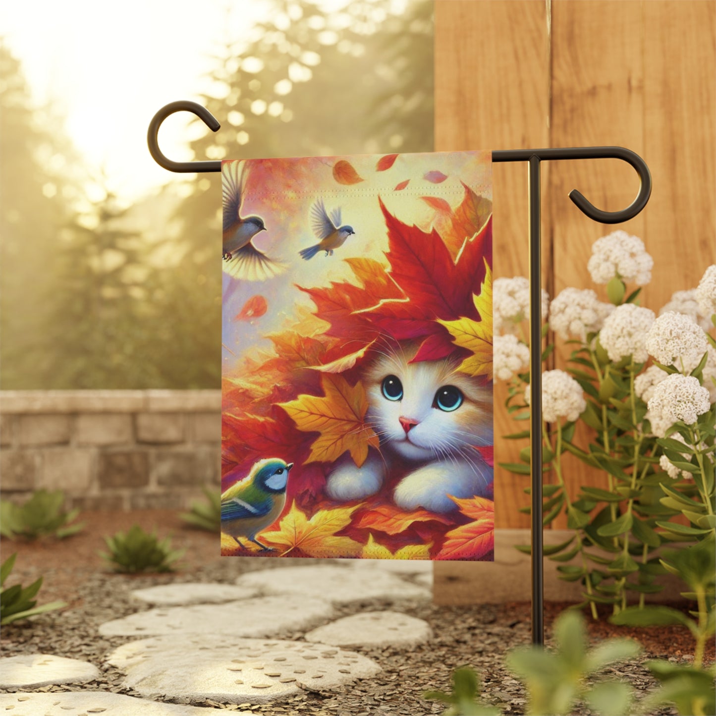 Fall Leaf Piles - Cat Lover - Garden & House Banner   