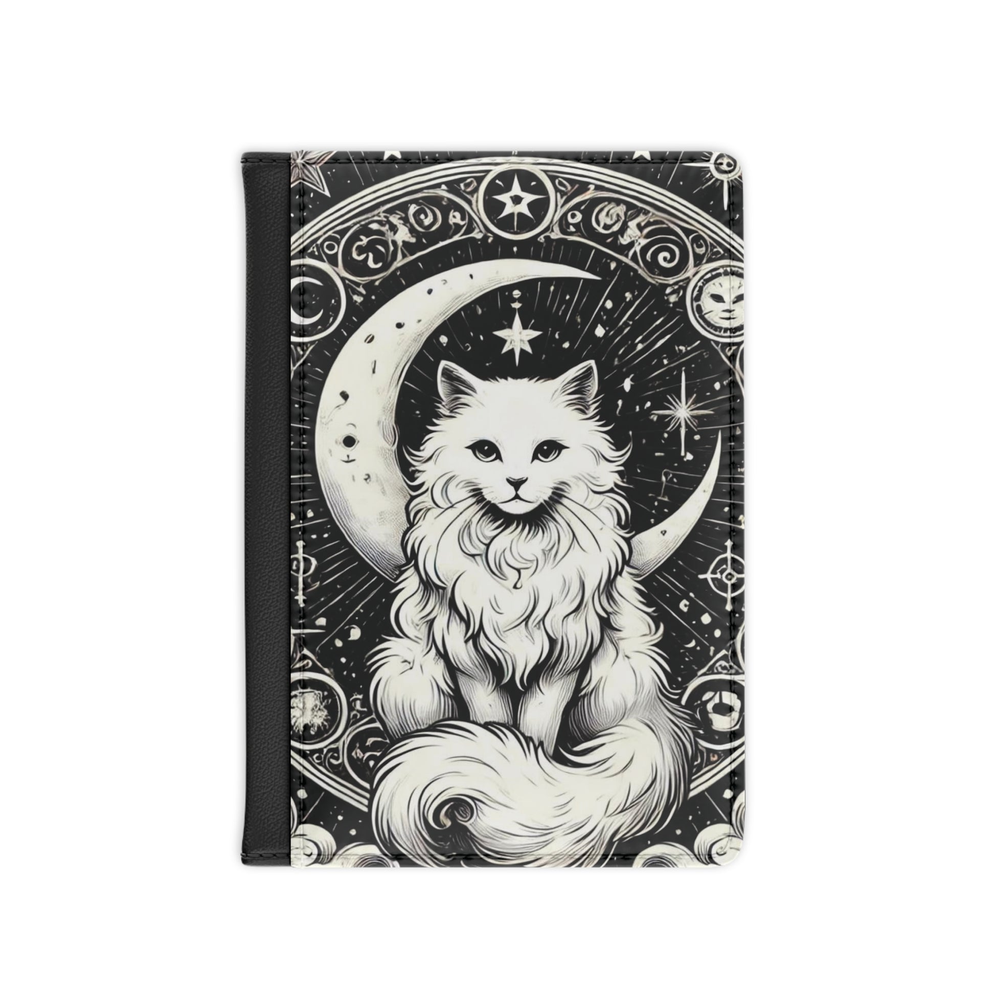 Celestial Crescent Moon White Cat - Passport Cover - Travel Wallet   