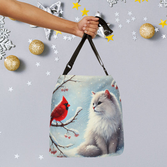 Winter Cardinal - Cat Lover - Adjustable Strap Tote Bag   