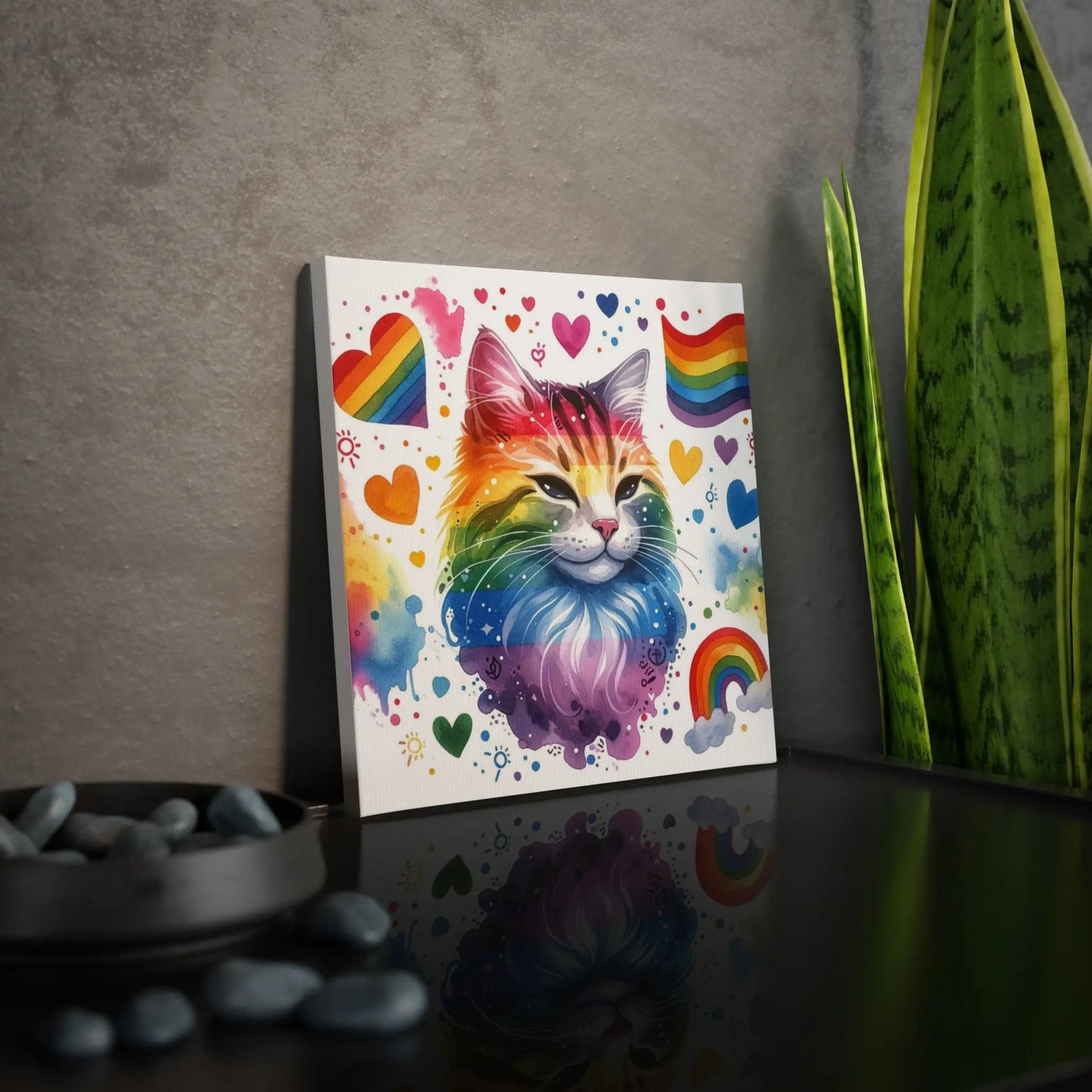 Rainbows and Cats - Water Paint- Cat Lover - Wall Art Decor  - 8x8 Canvas Tile Print - Montecore PawPrints